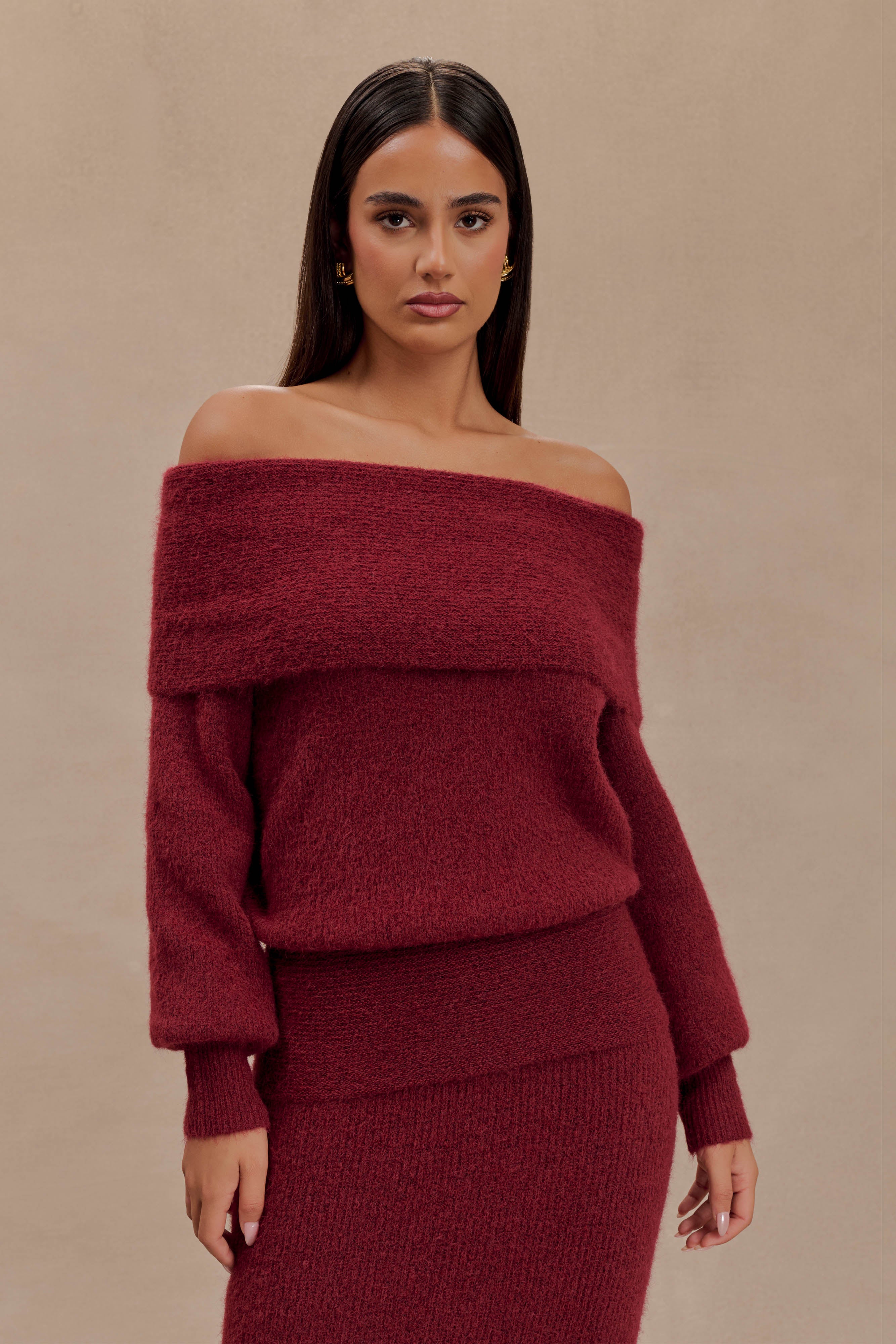 Off Shoulder Knit Top with Long Sleeves & Bardot Neckline | Charlotte