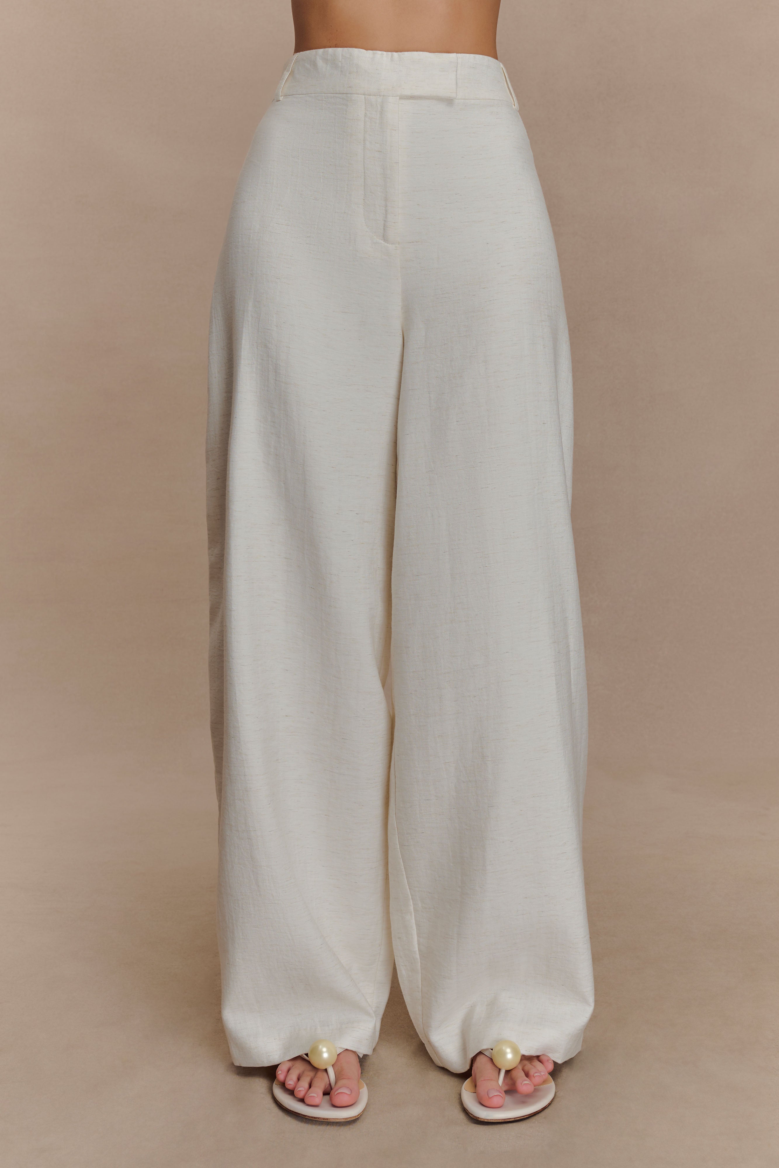 Linen Wide Leg Pants with High Waist & Pockets | Cyrene Oat Marle