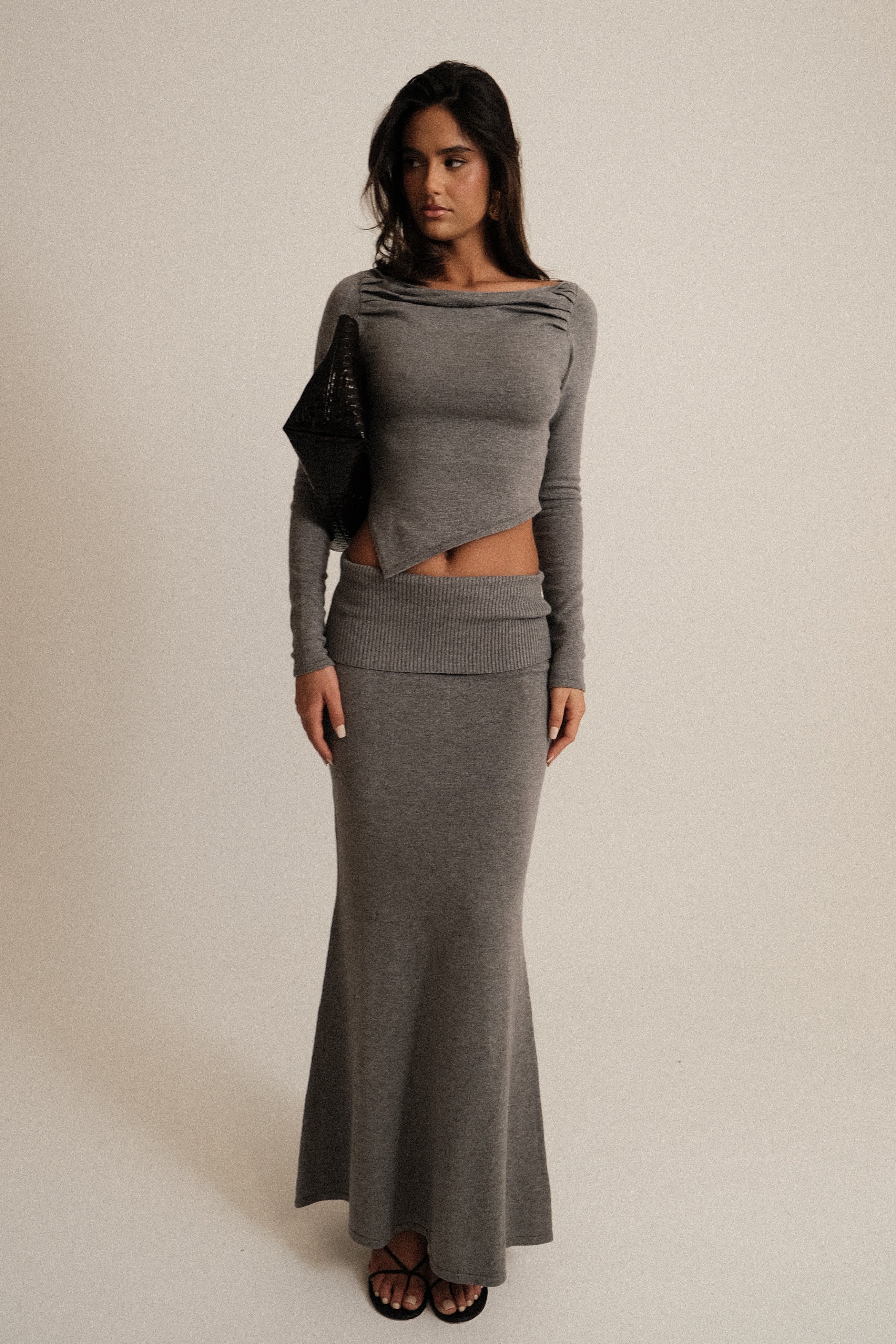 Knit Maxi Skirt with Ribbed Waist & Fishtail Hem | Karlie Charcoal Marle