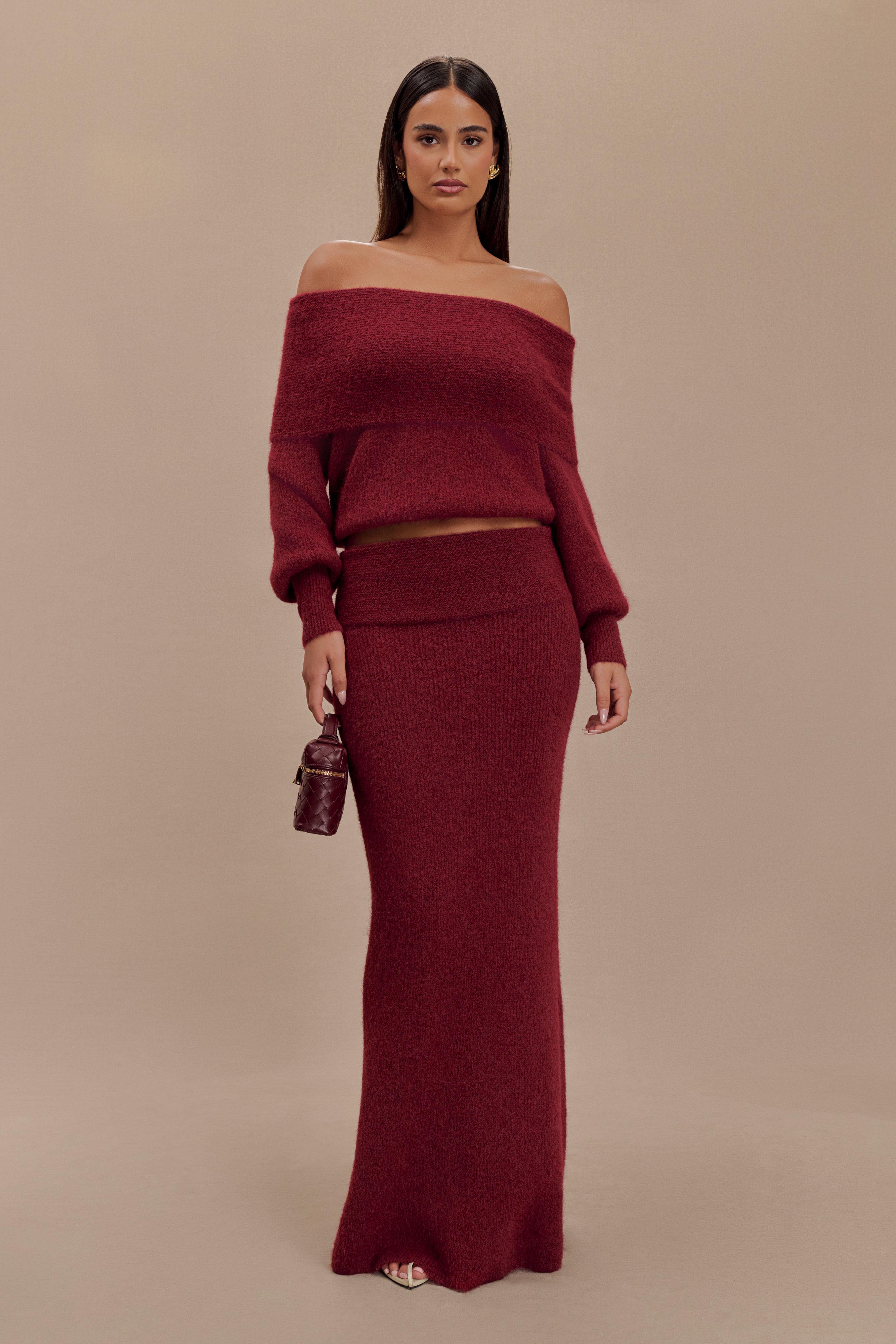 Elegant Knit Maxi Skirt with Flared Hem & Ribbed Waist | Charlotte