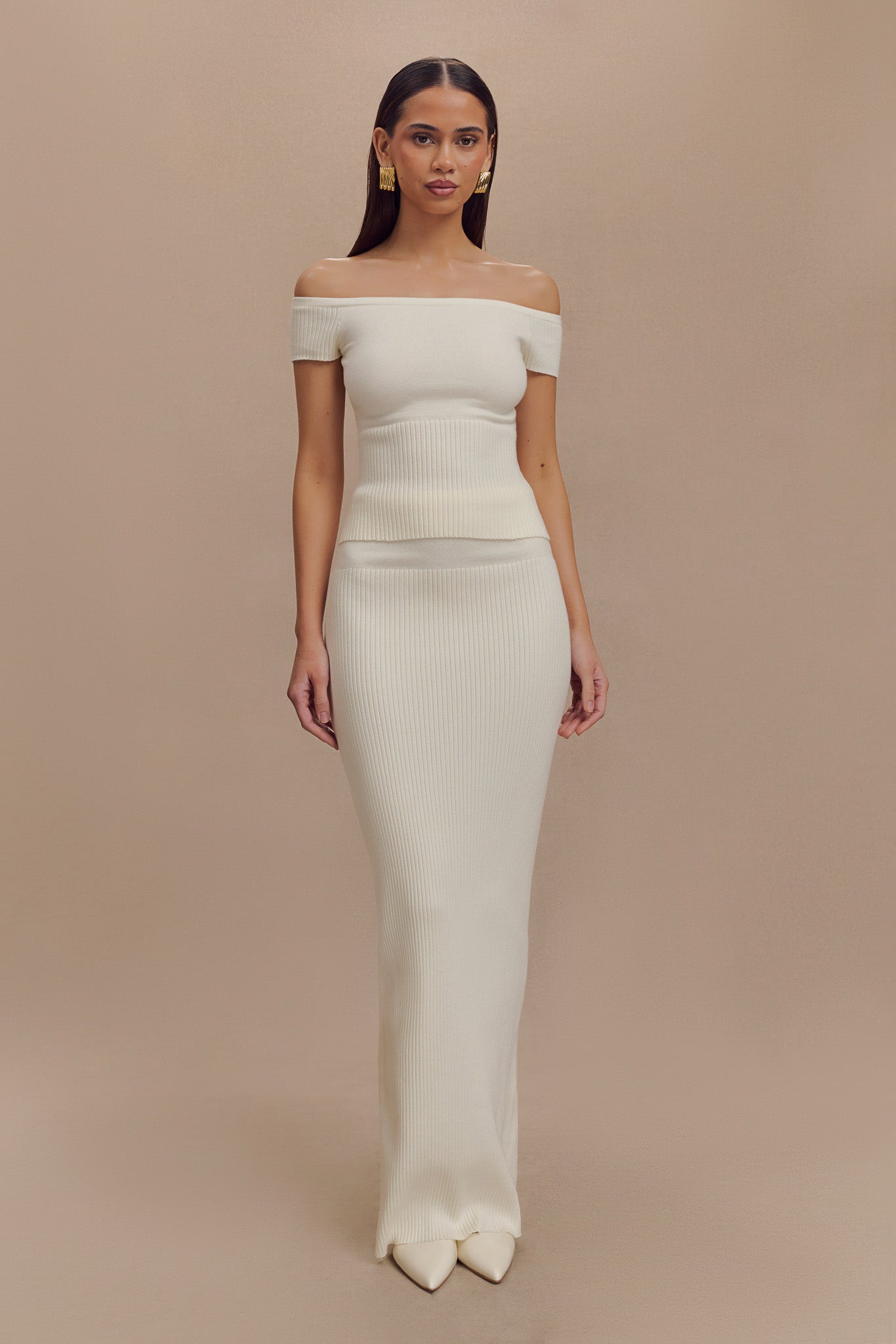 Ribbed Knit Maxi Skirt with Elastic Waistband | Mathilde Ivory