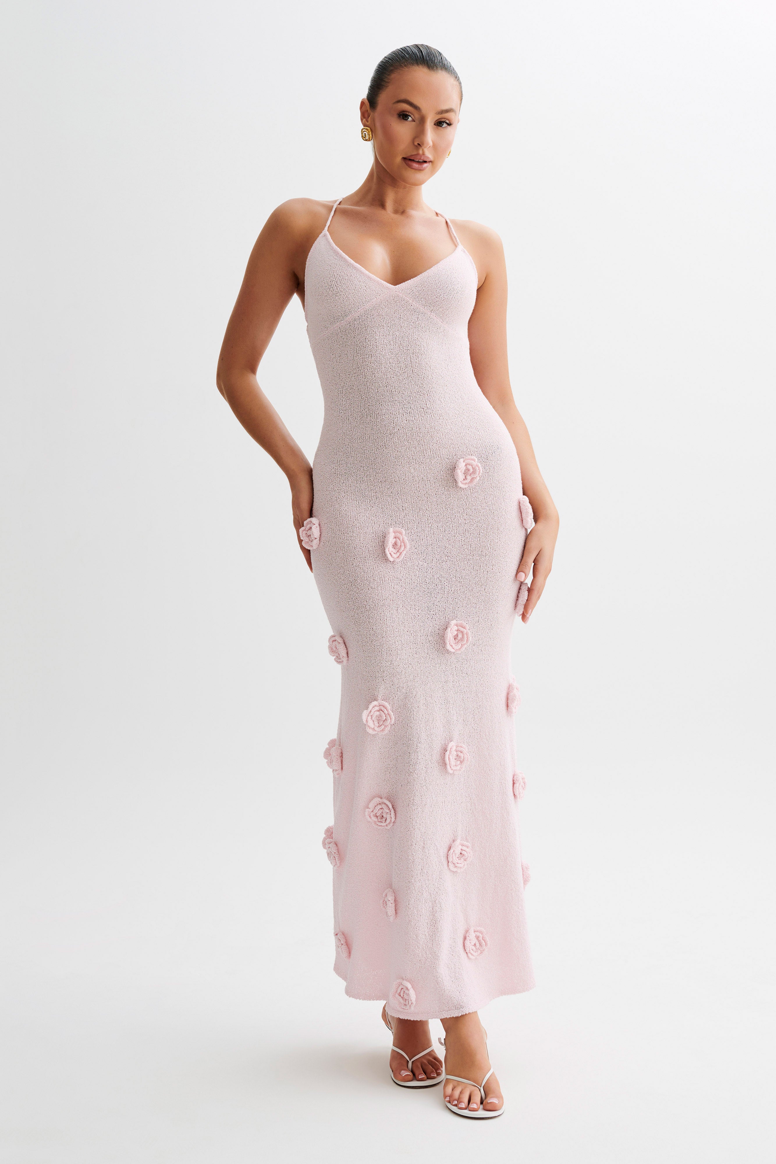Floral Knit Maxi Dress with V Neckline & Crisscross Straps | Suki