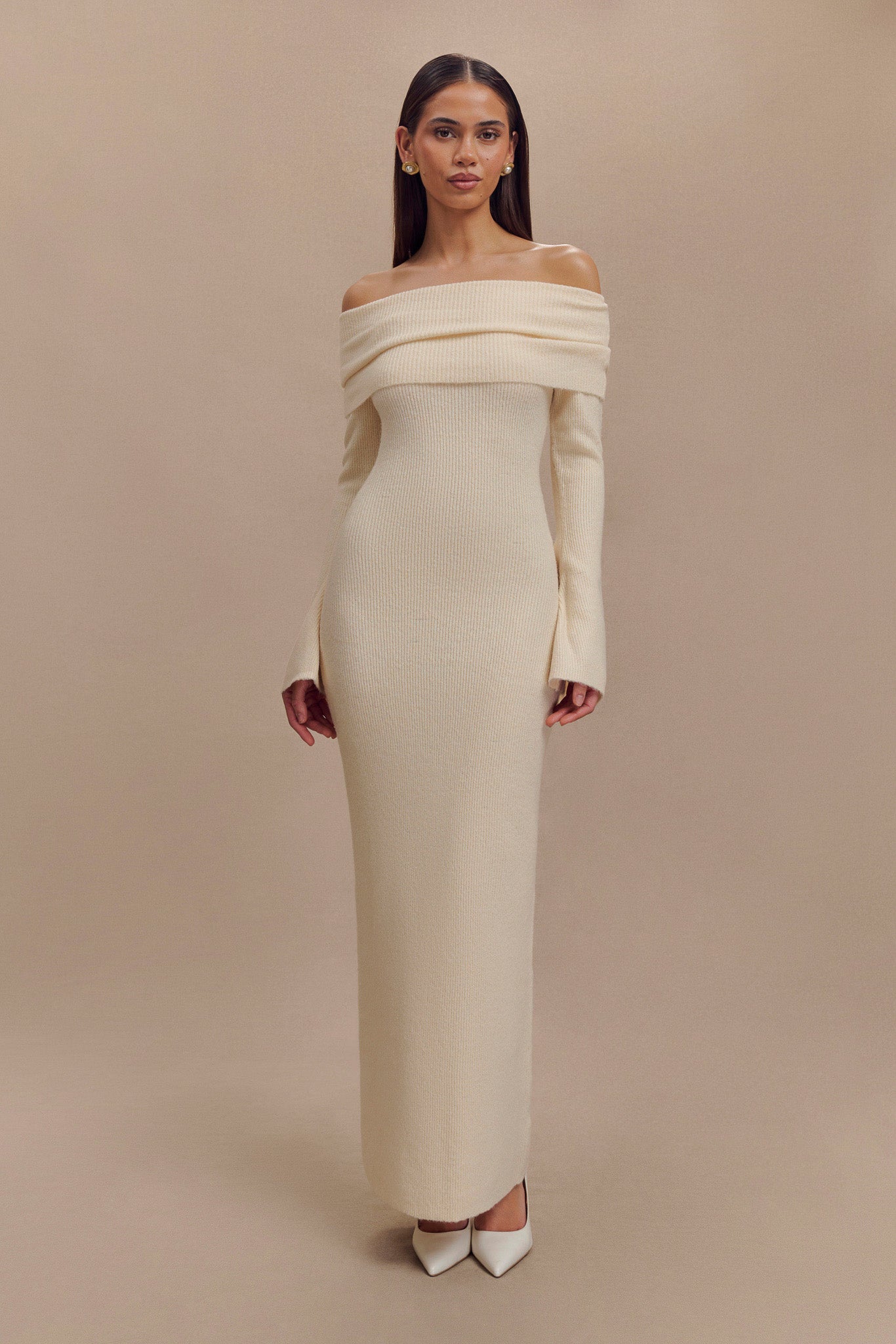 Off Shoulder Knit Maxi Dress with Long Sleeves | Katherine Ivory