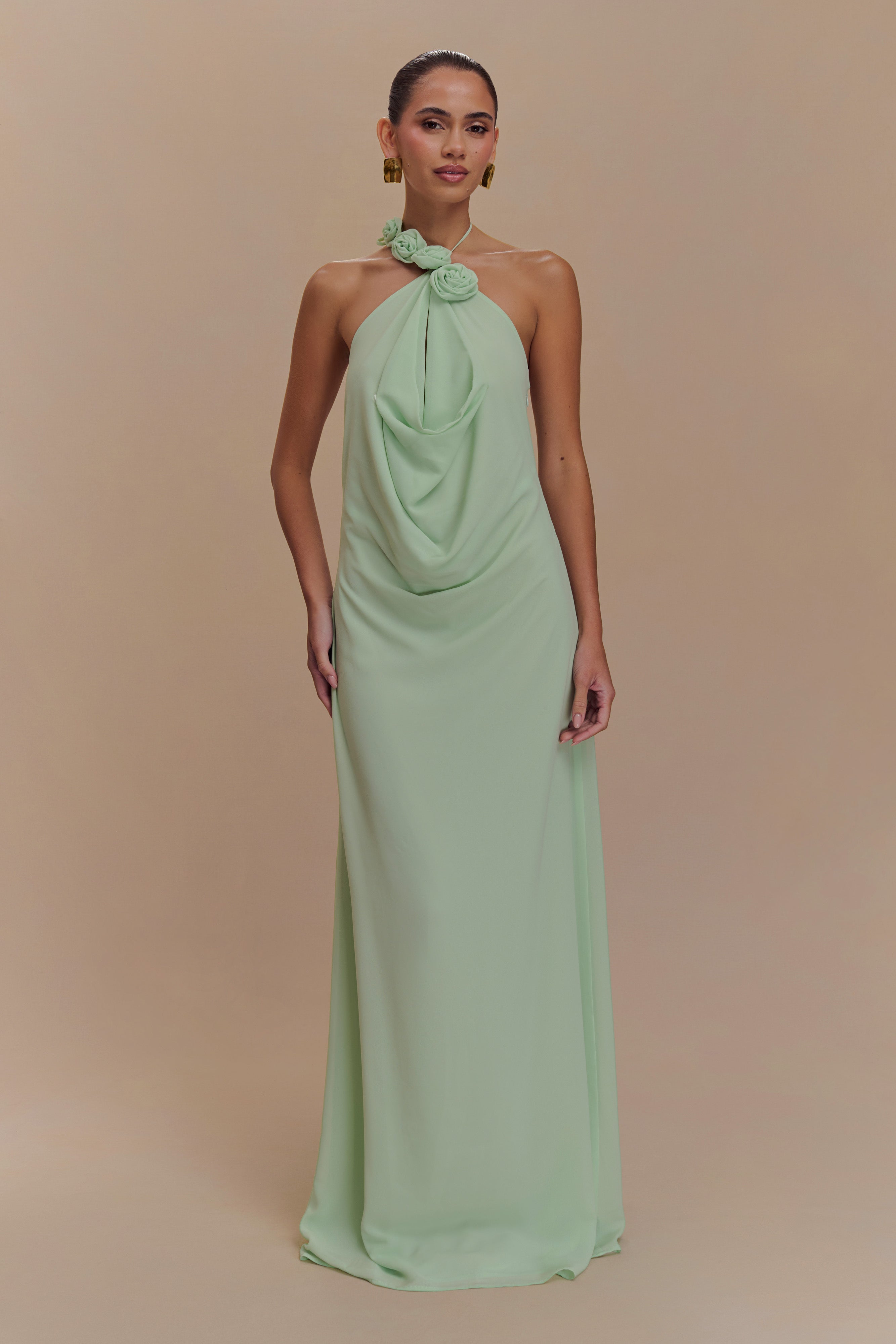 Cowl Neck Maxi Dress with Open Back & Chiffon Detail | Rosalia