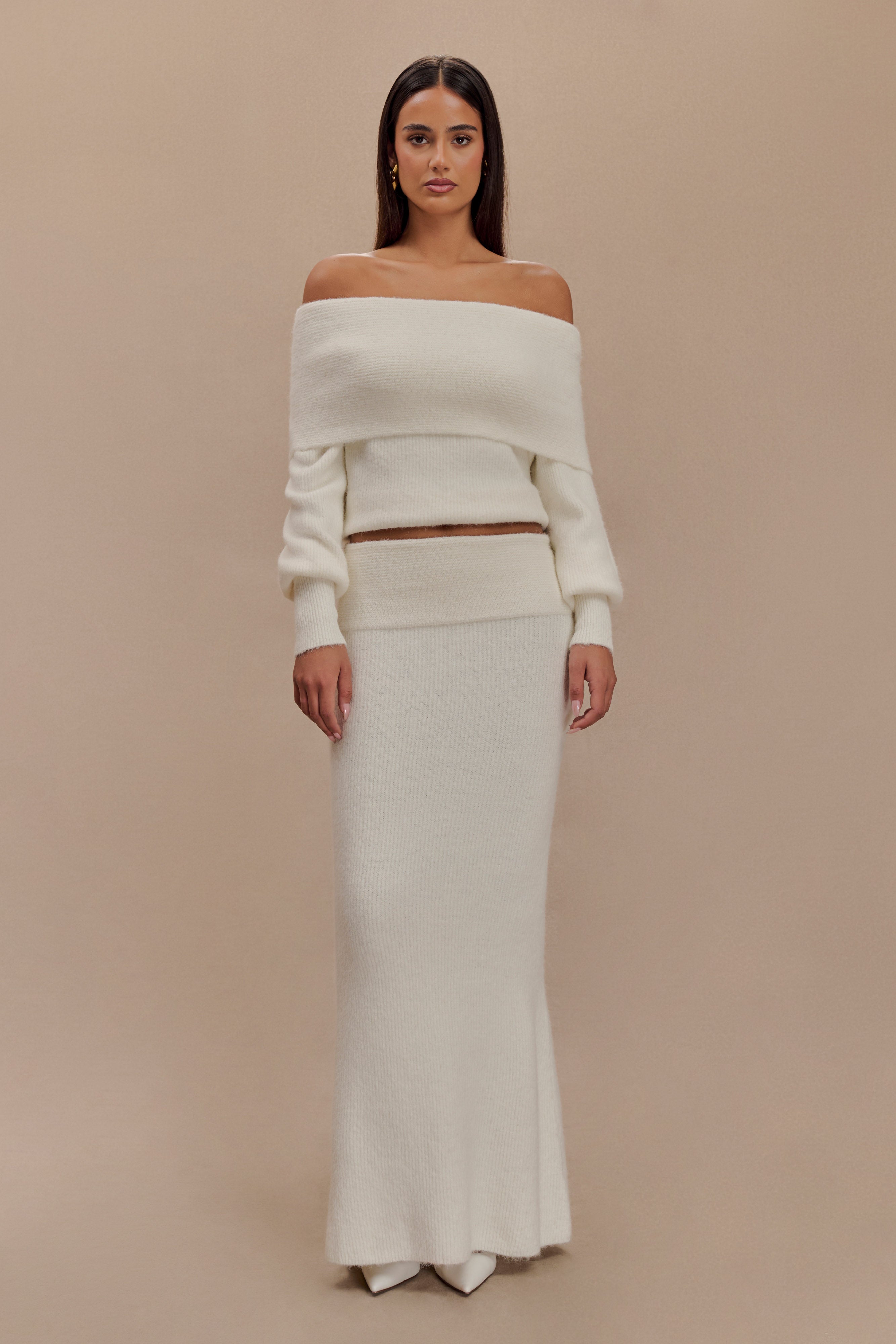 Elegant Knit Maxi Skirt with Ribbed Waist Overlay | Charlotte Ivory