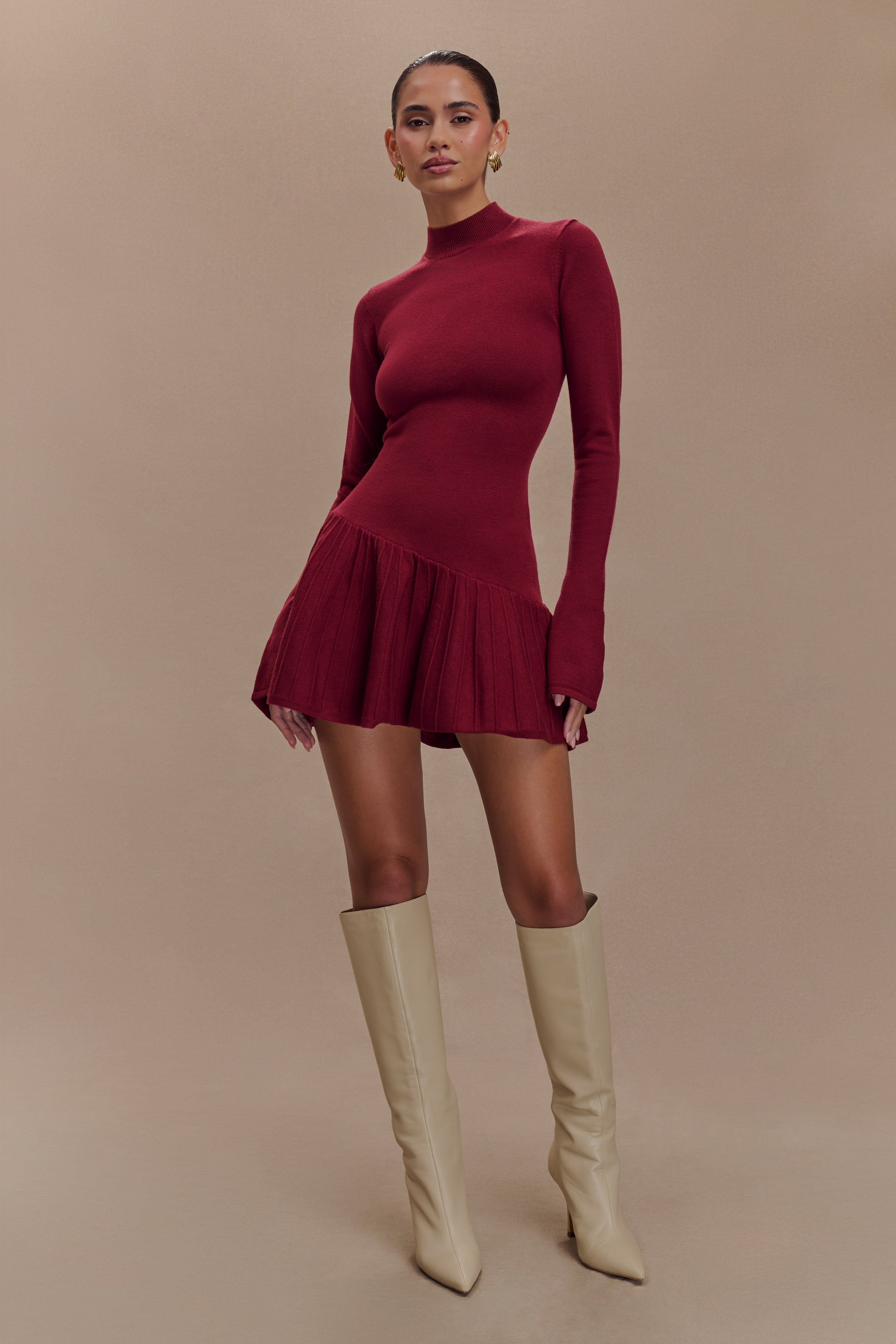 Pleated Knit Mini Dress with High Neck & Long Sleeves | Blair