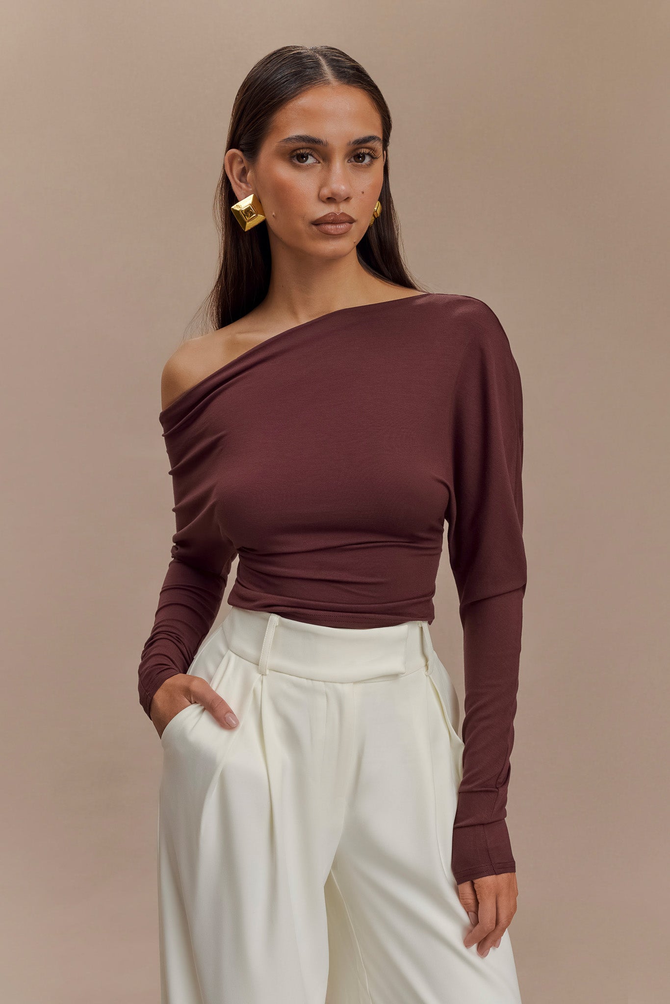 Yasmin Asymmetrical Long Sleeve Top with Drop Shoulder | Mahogany
