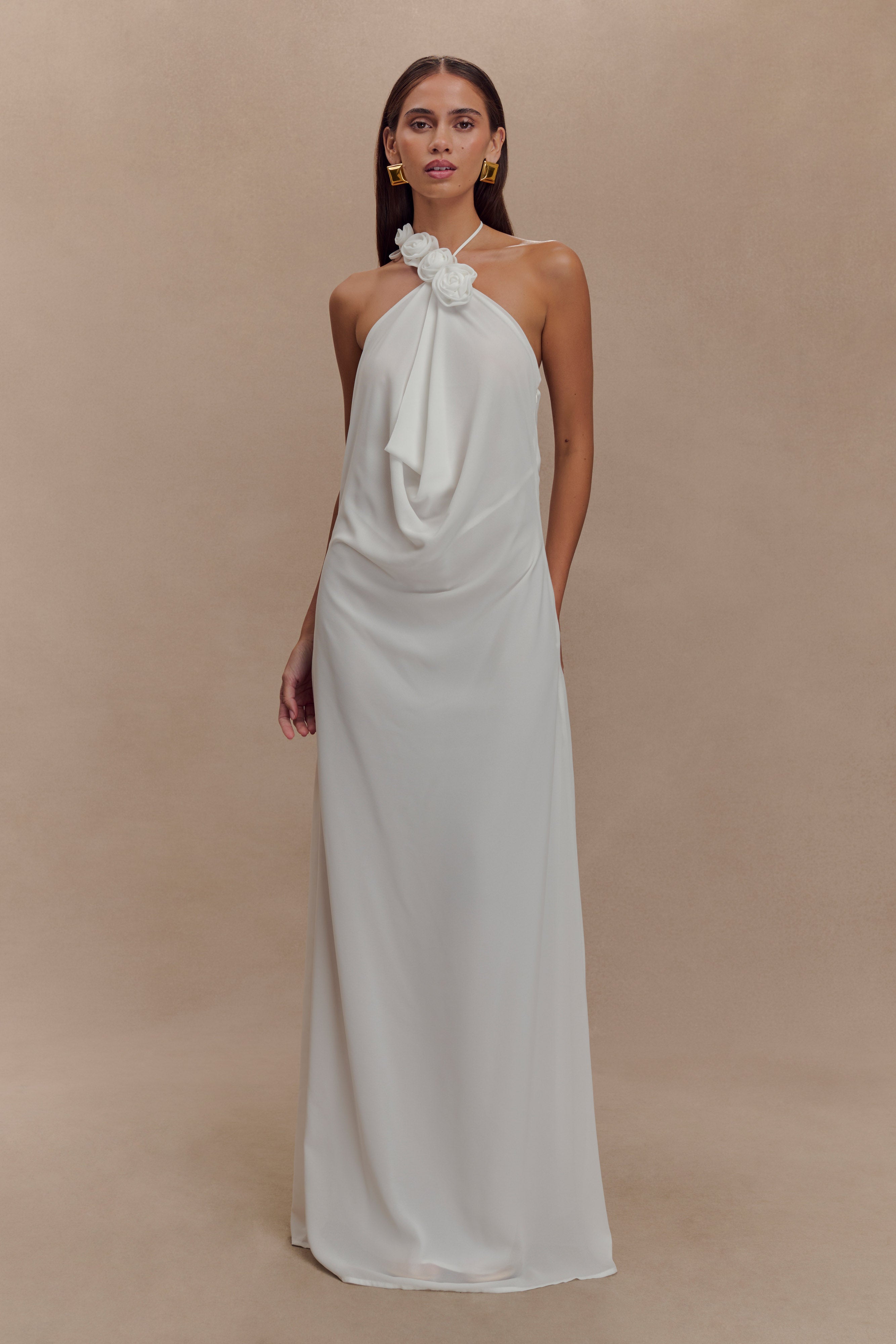 Cowl Neck Maxi Dress with Open Back & Chiffon Detail | Rosalia