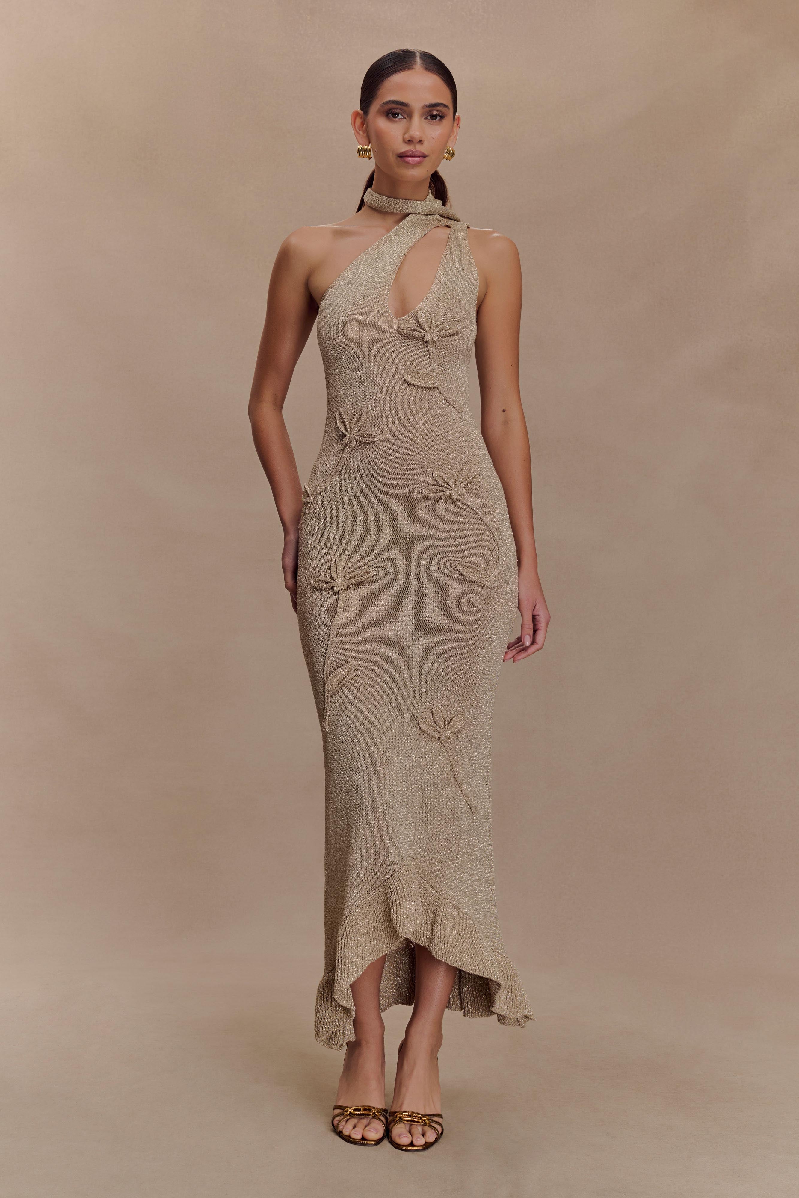 Floral Metallic Maxi Dress with One-Shoulder Neckline | Alexandra Saint Mleux