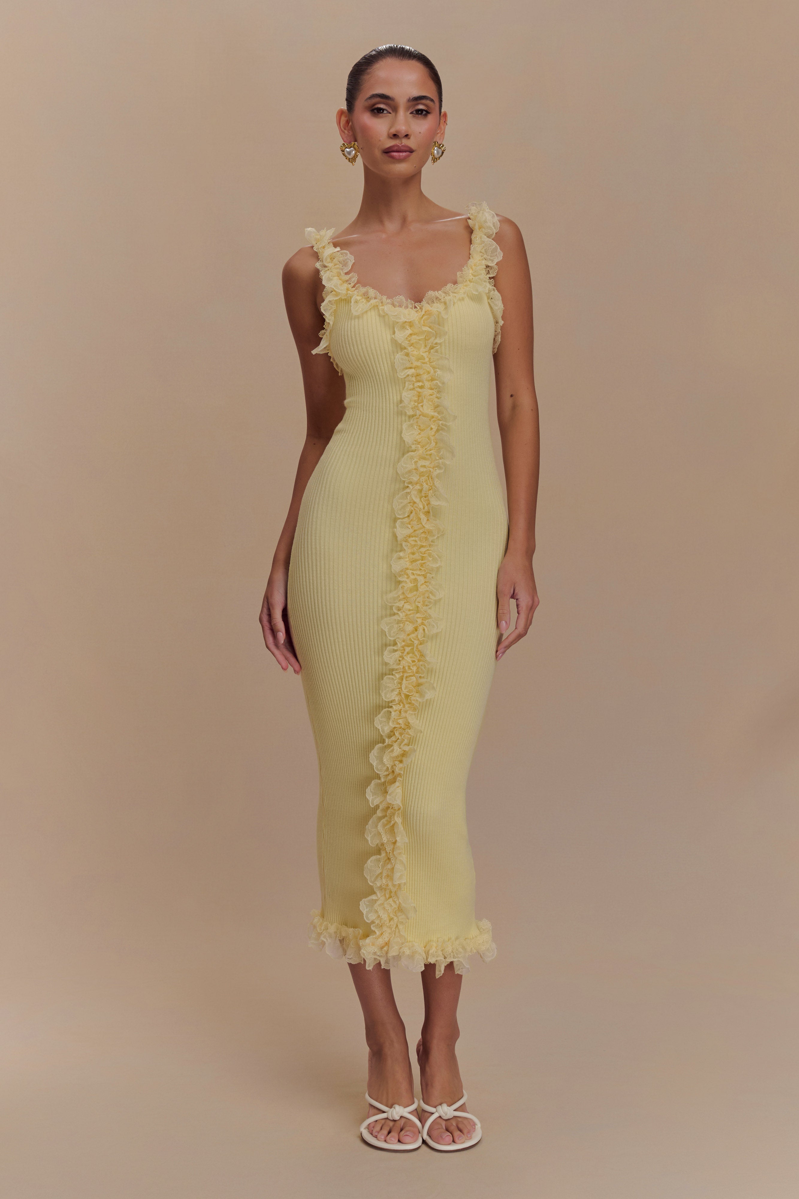 Lace Ruffle Knit Midi Dress with Scalloped Hem | Shay Lemon