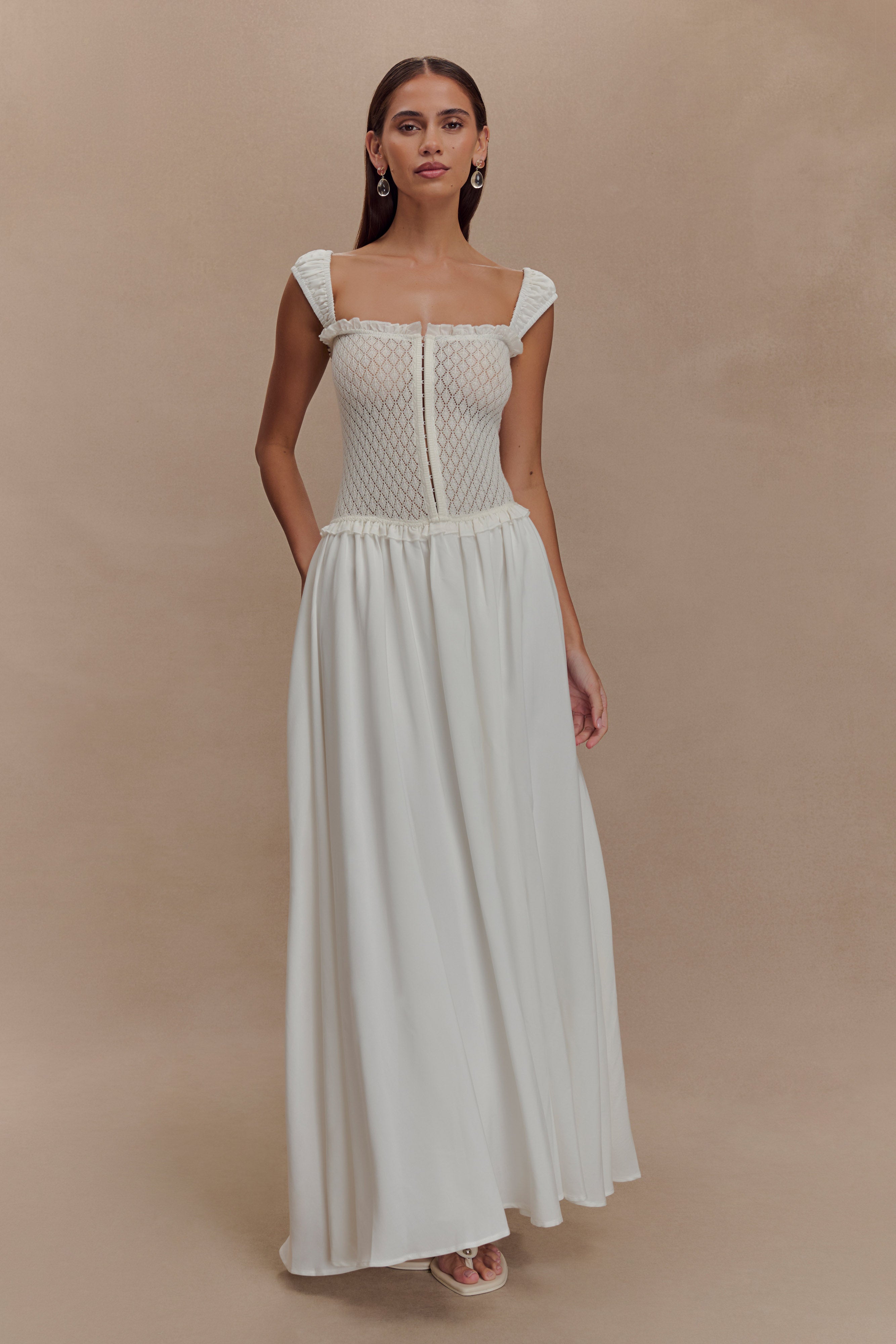 Pointelle Knit Midi Dress with Square Neckline & Frill Detailing | Tahlia