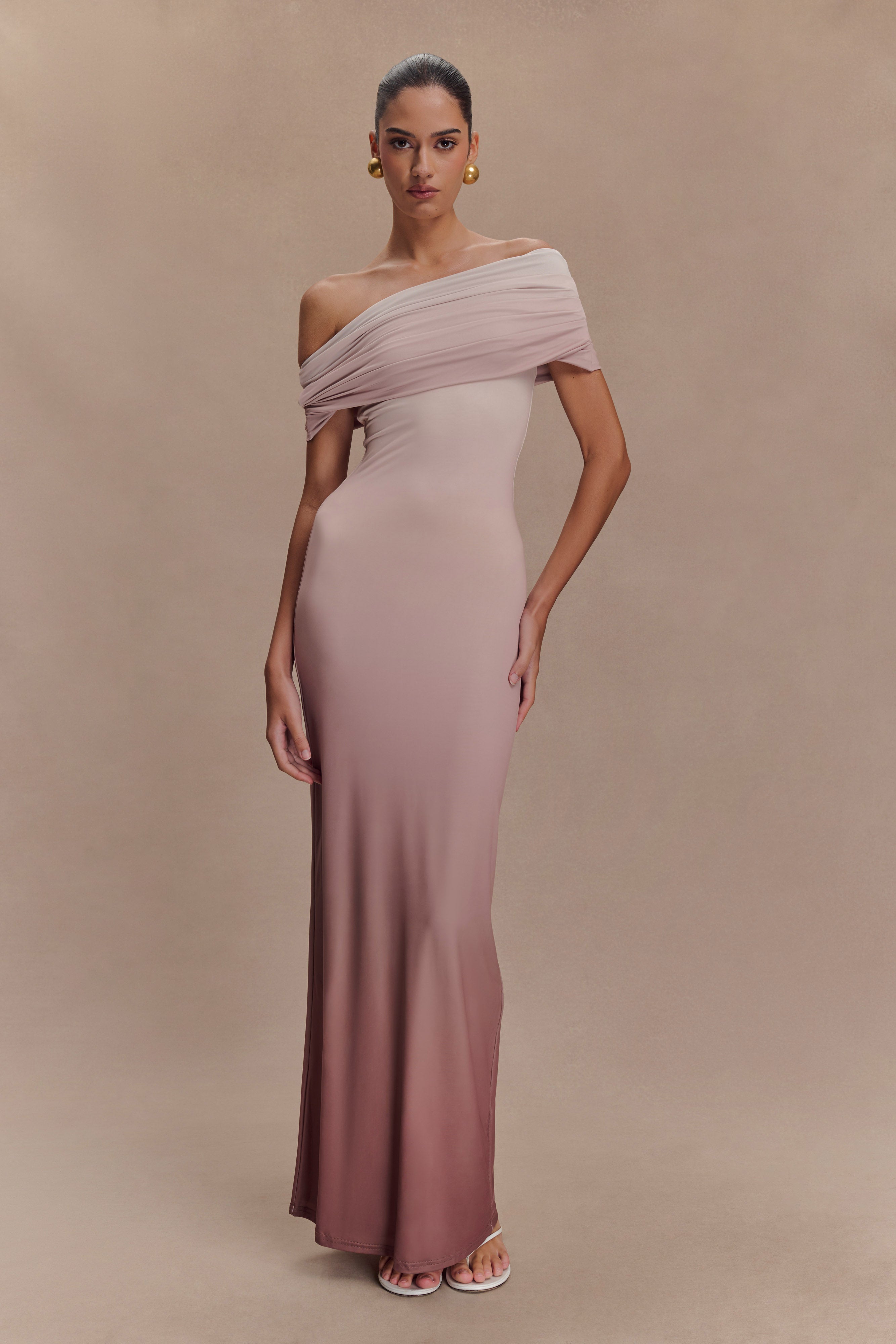 Off Shoulder Slinky Maxi Dress with Ruched Detail | Cassandra
