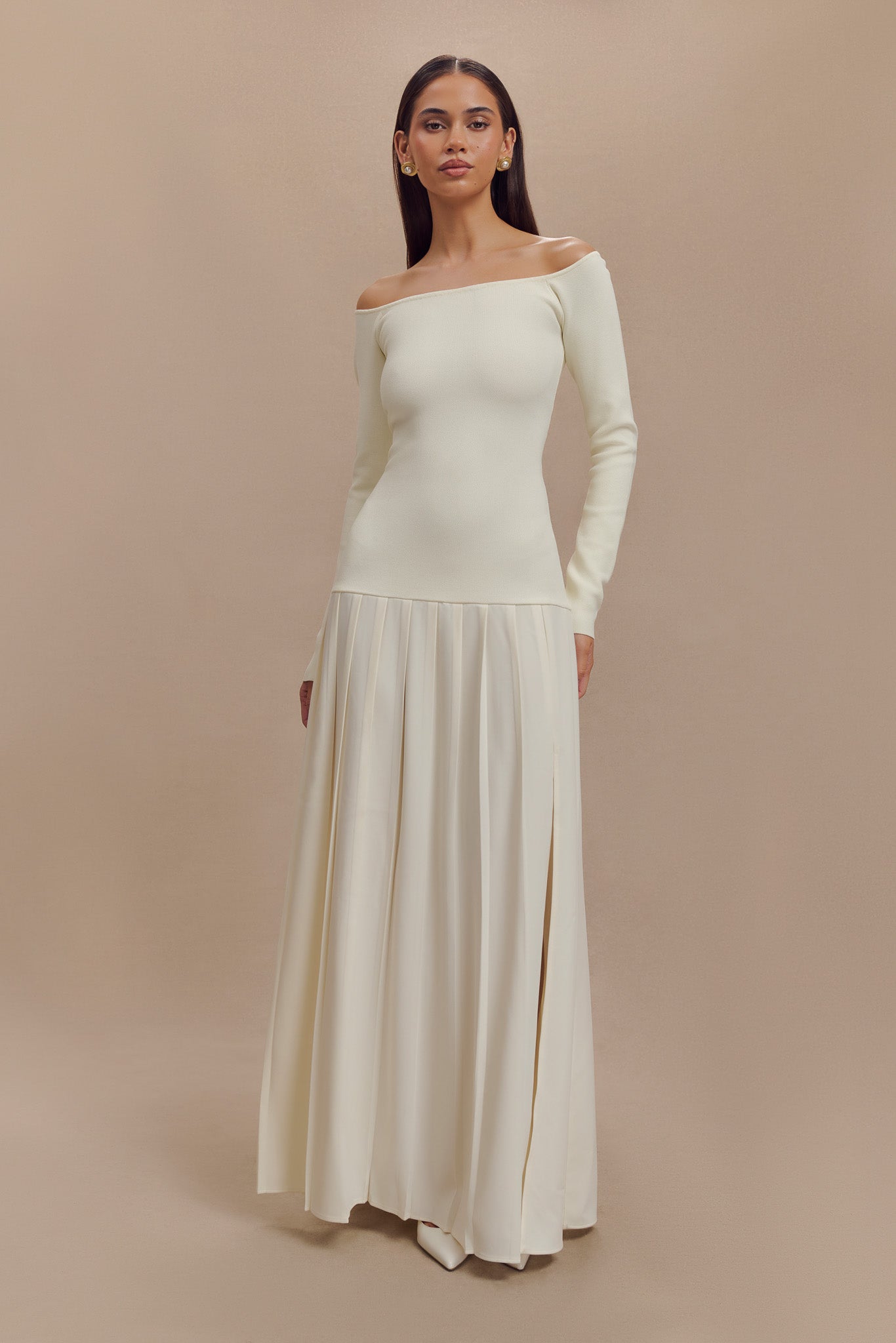 Off Shoulder Knit Maxi Dress with Pleated Skirt | Presley Ivory