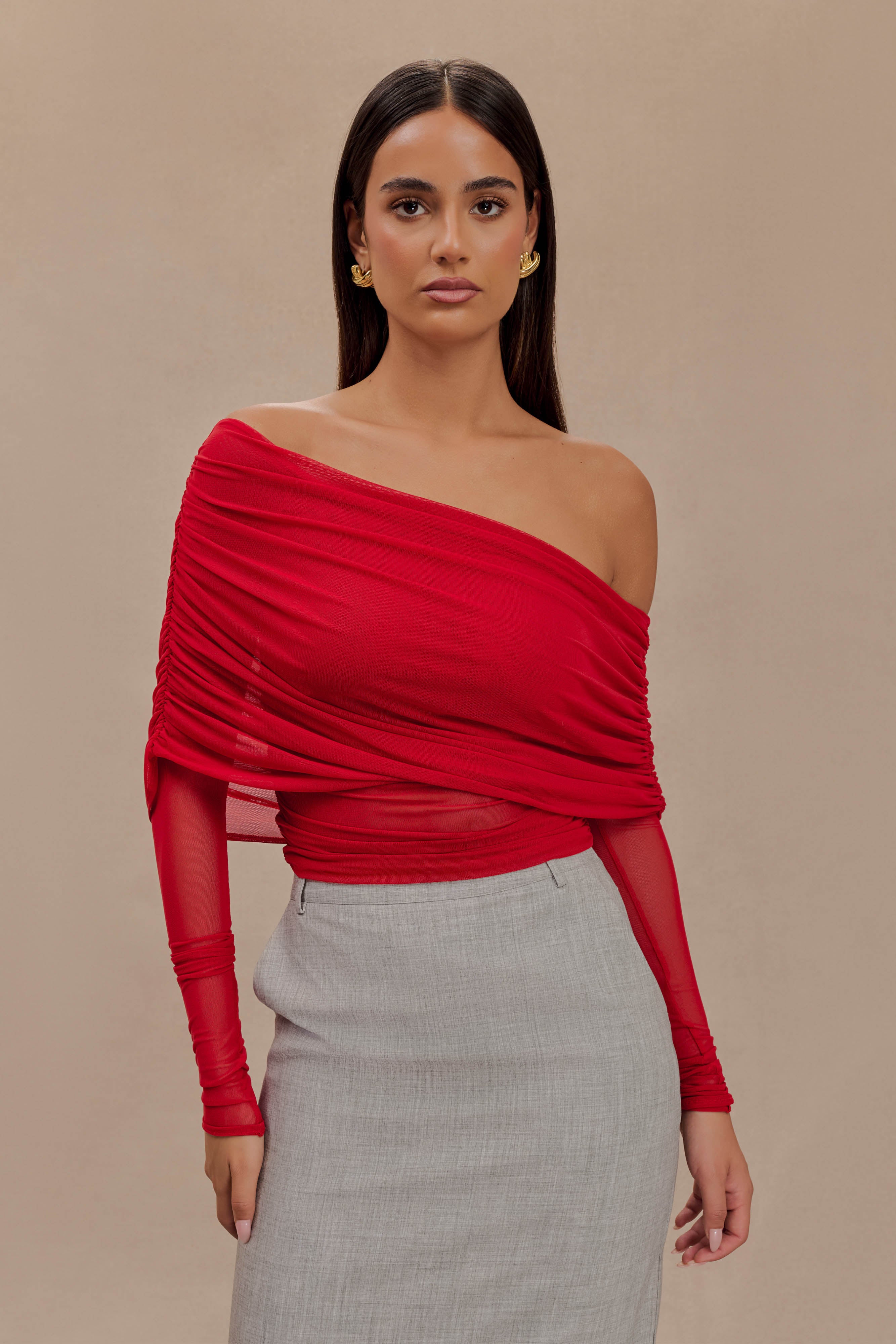 Sheer Mesh Off Shoulder Top with Bardot Neckline | Everly Ruby