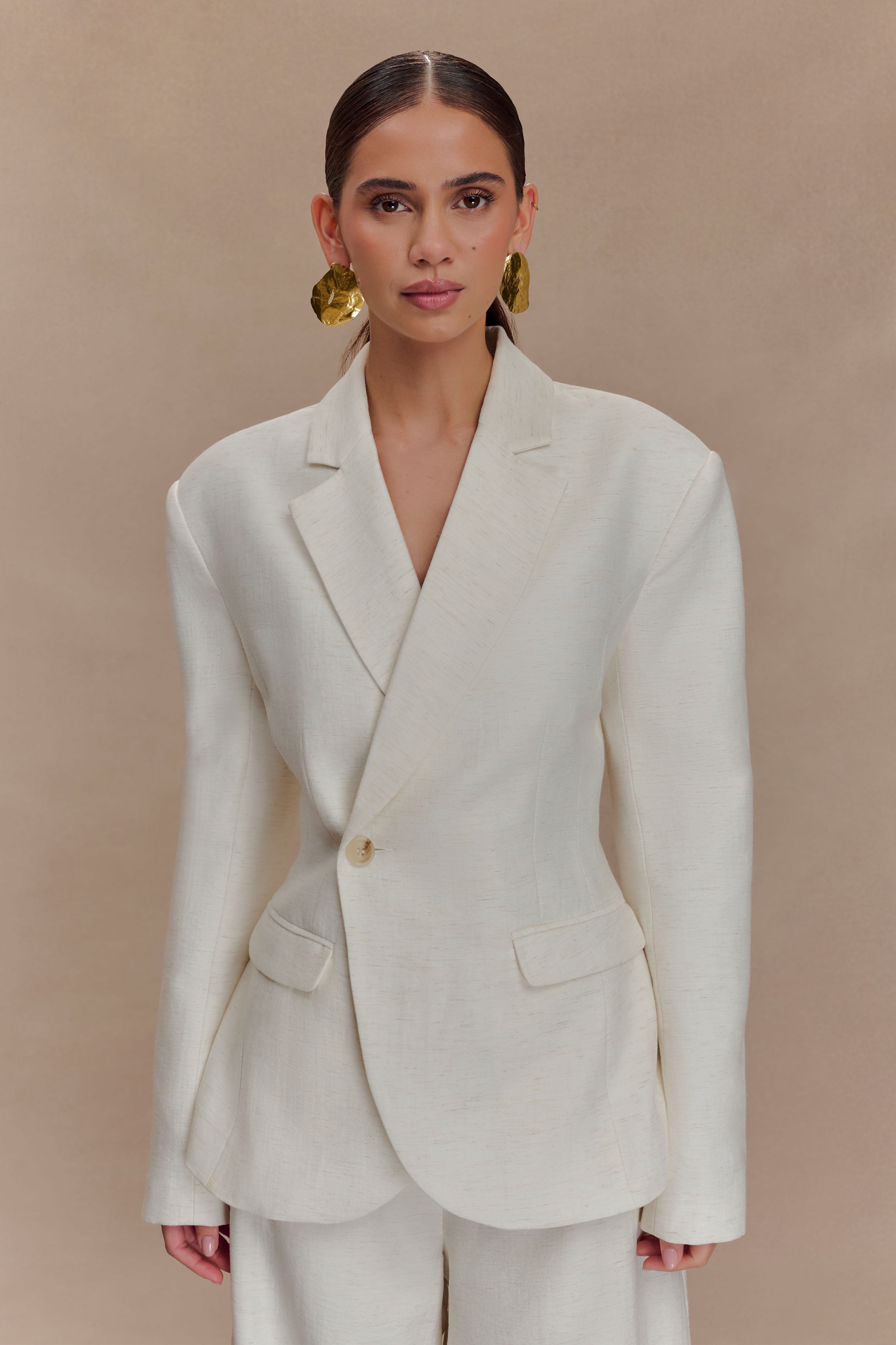 Linen Blazer with Cinched Waist & Asymmetric Wrap | Jameson Oat Marle