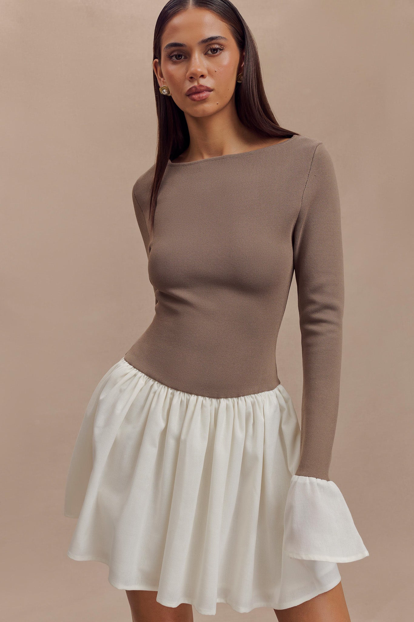 Knit & Linen Mini Dress with Flared Sleeves | Sansa Smoke & Ivory