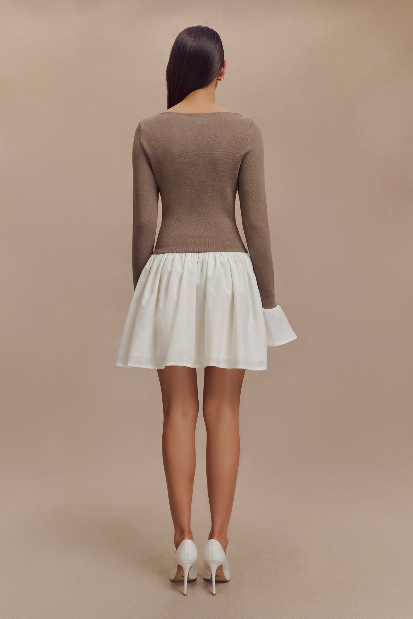Knit & Linen Mini Dress with Flared Sleeves | Sansa Smoke & Ivory