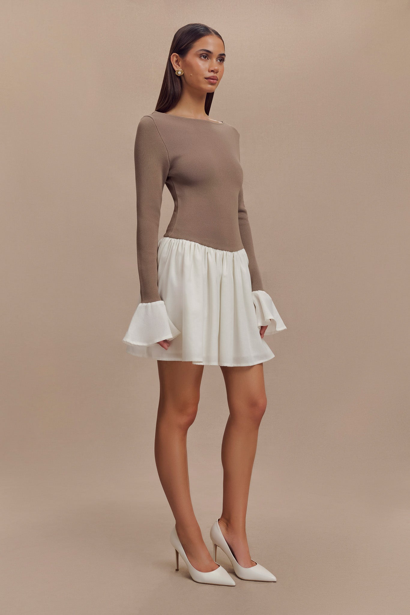 Knit & Linen Mini Dress with Flared Sleeves | Sansa Smoke & Ivory