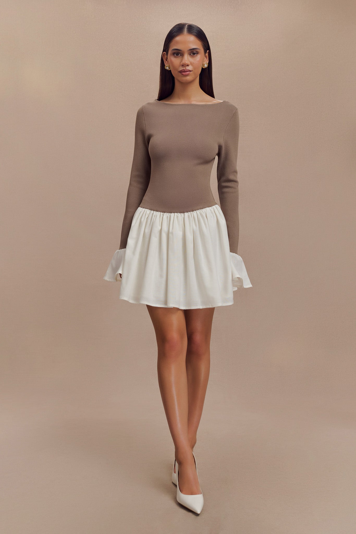 Knit & Linen Mini Dress with Flared Sleeves | Sansa Smoke & Ivory