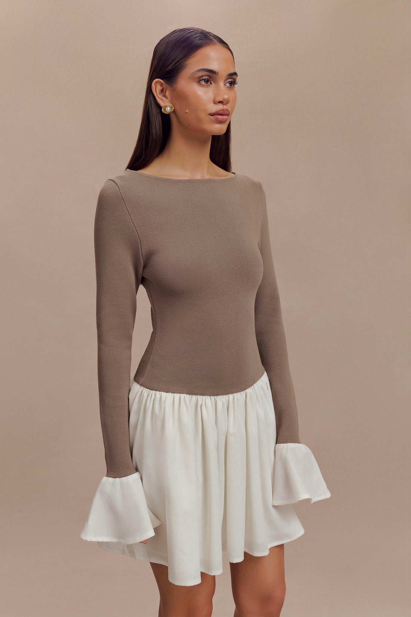 Knit & Linen Mini Dress with Flared Sleeves | Sansa Smoke & Ivory
