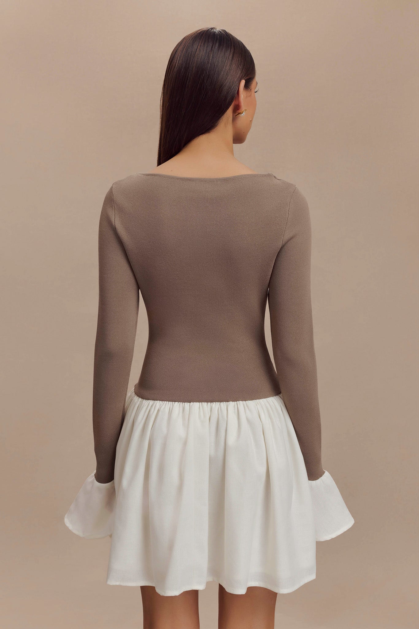 Knit & Linen Mini Dress with Flared Sleeves | Sansa Smoke & Ivory