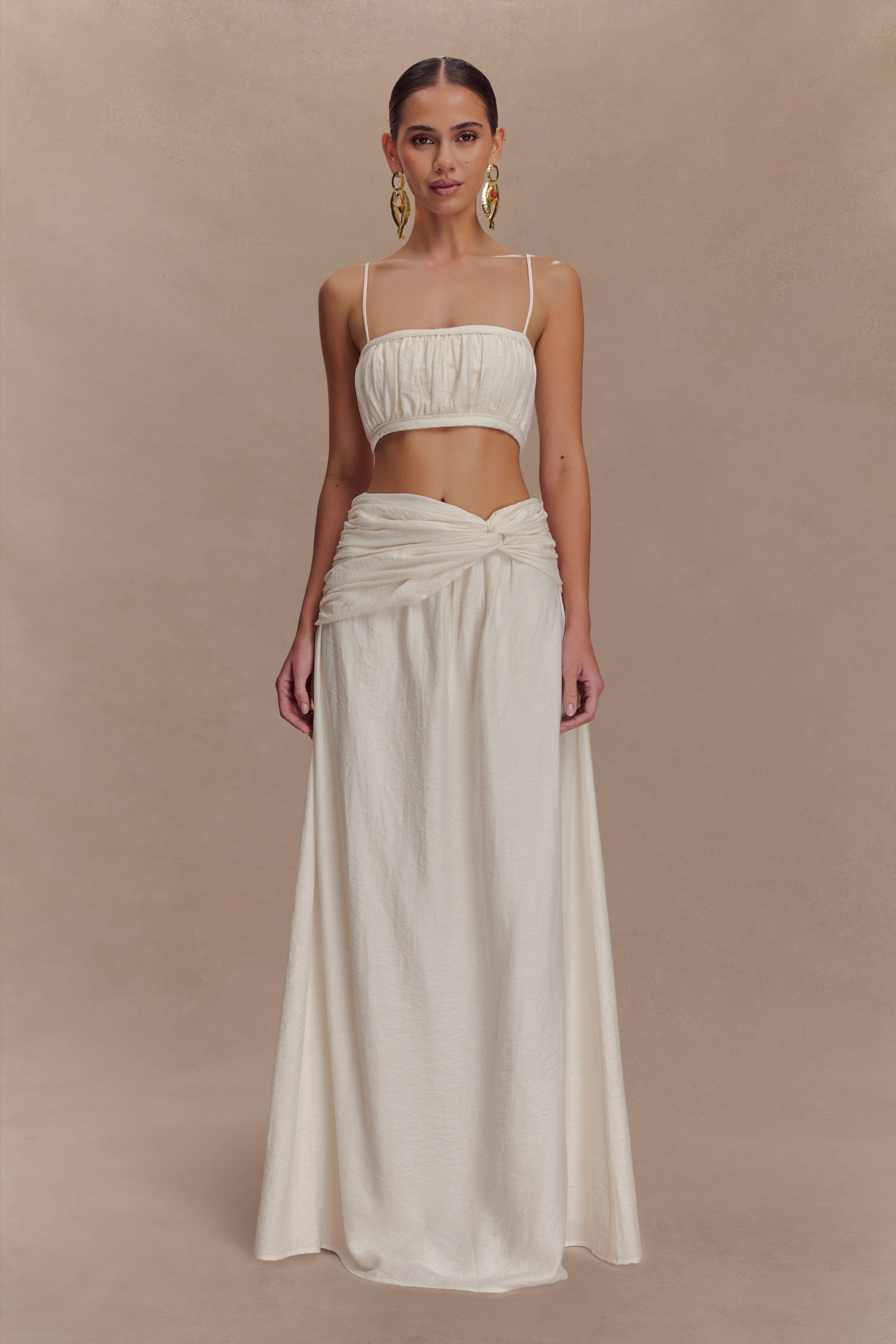 Gathered Linen Maxi Skirt with Front Knot | Scottie Oat Marle
