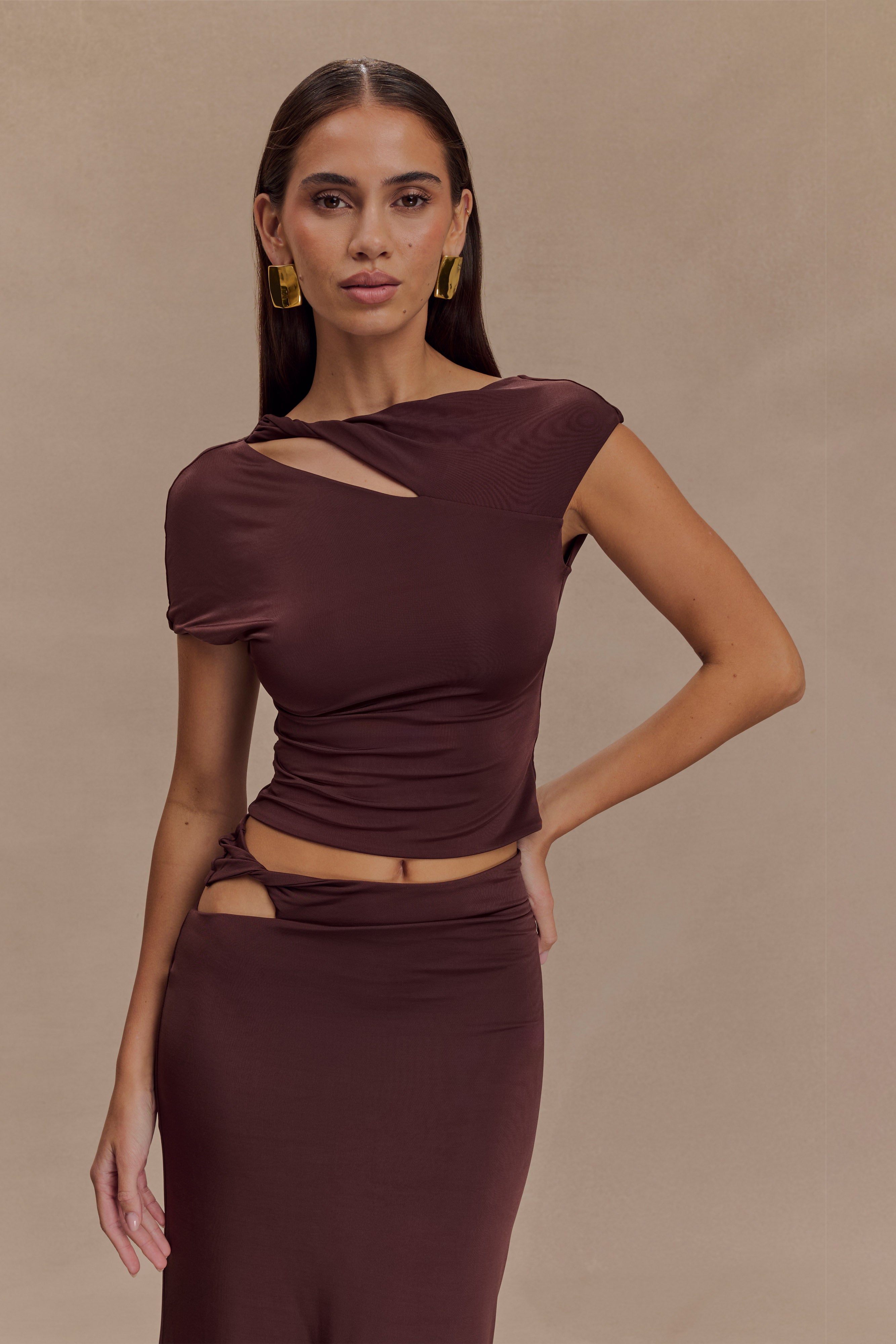 Twist Front Cropped Top with Cap Sleeves | Haven Slinky in Chocolate