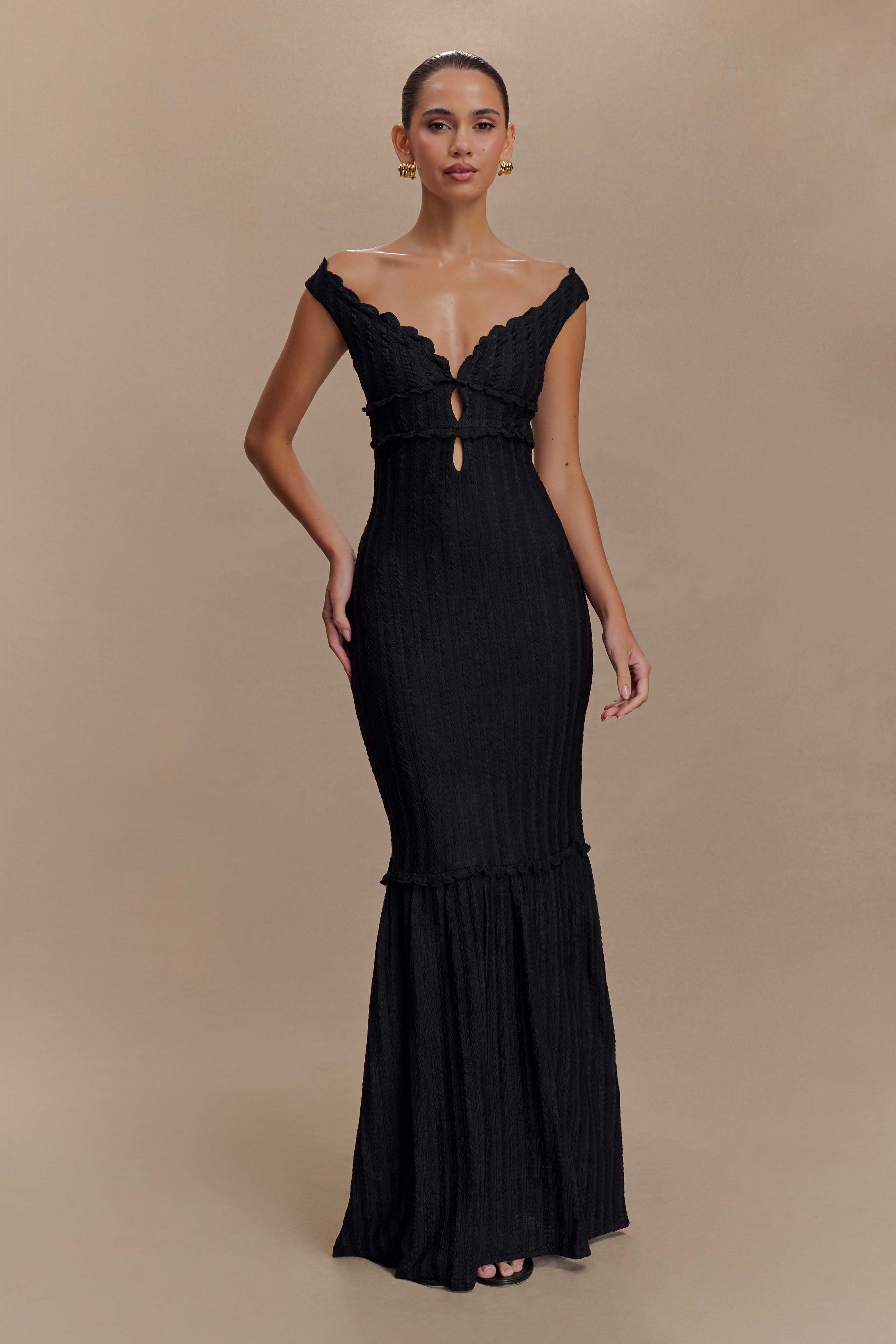 Off Shoulder Maxi Dress with Keyhole Detail & Fishtail Skirt | Natalie