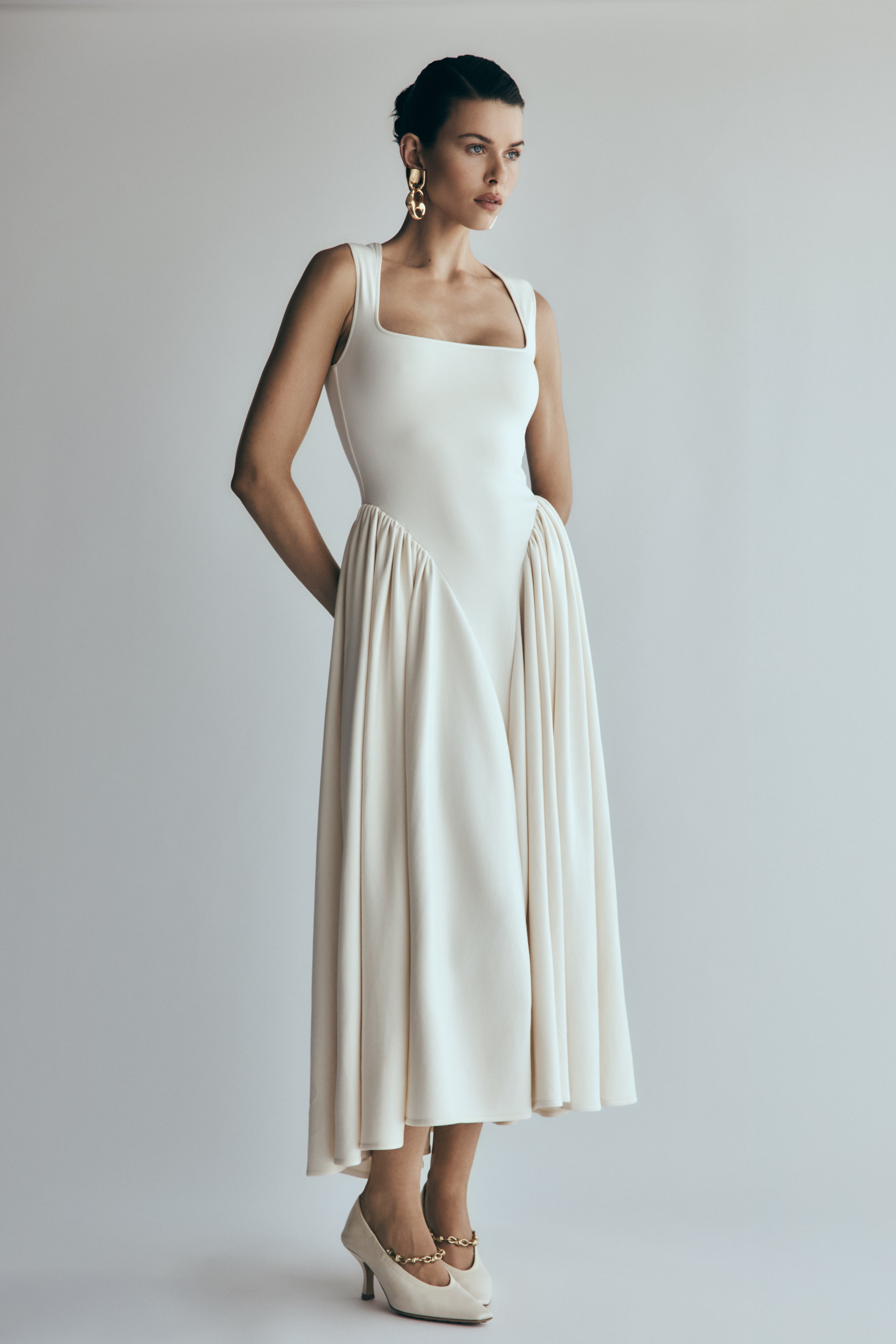 Scuba Jersey Midi Dress with Square Neckline & Gathered Hips | Sharon