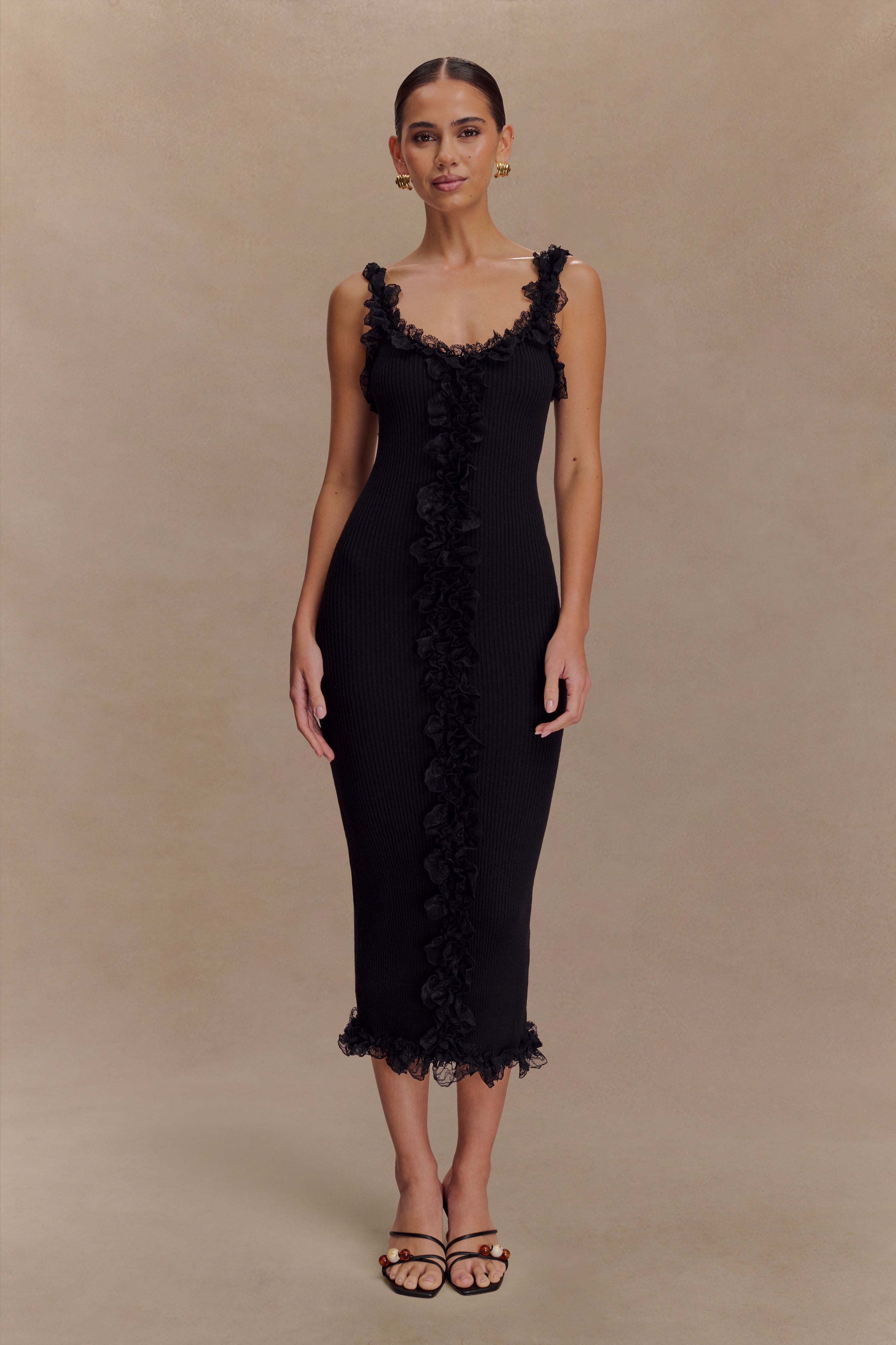 Lace Ruffle Knit Midi Dress with Scalloped Hem | Shay Black