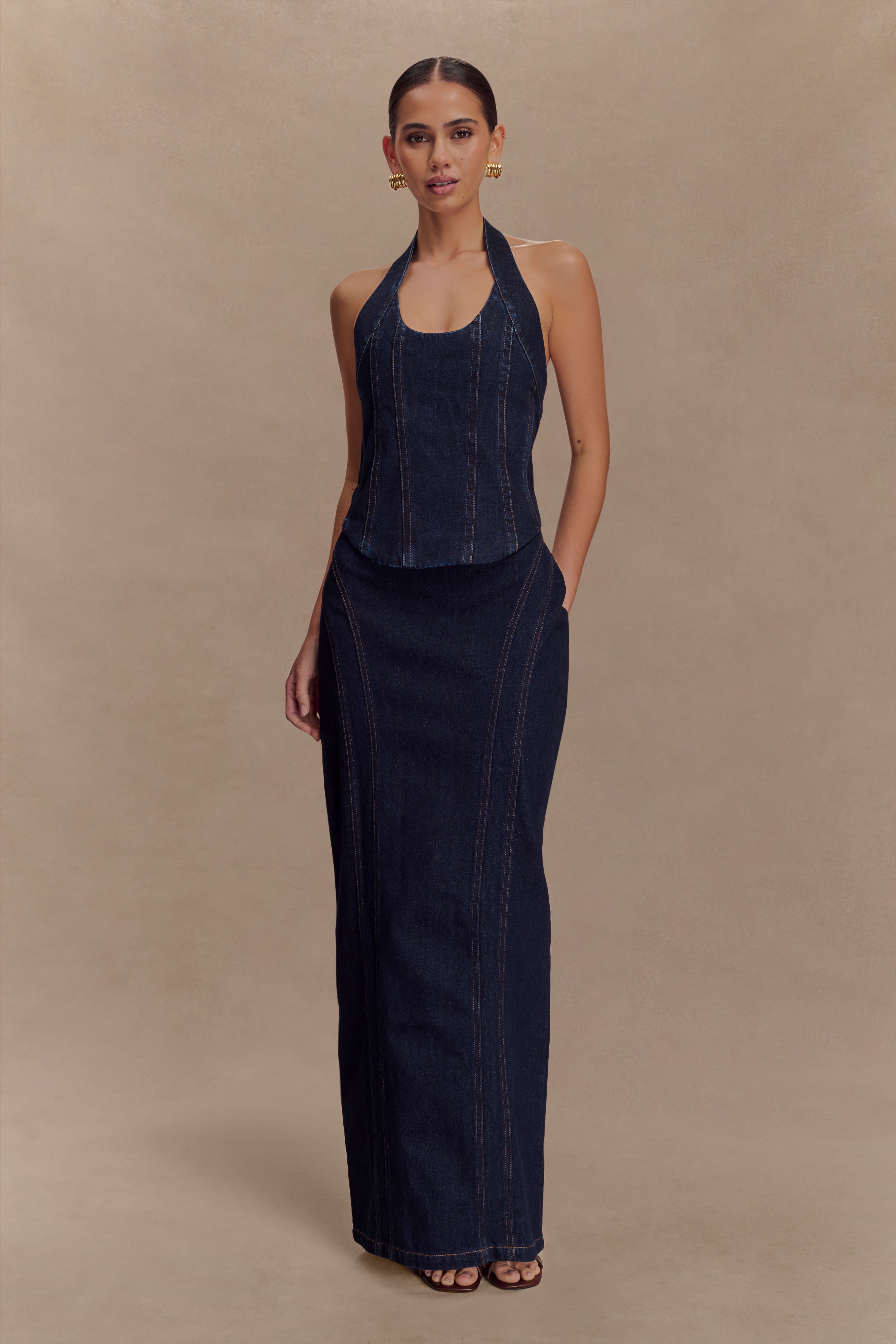 High Waisted Denim Maxi Skirt with Back Vent | Alma Indigo Blue