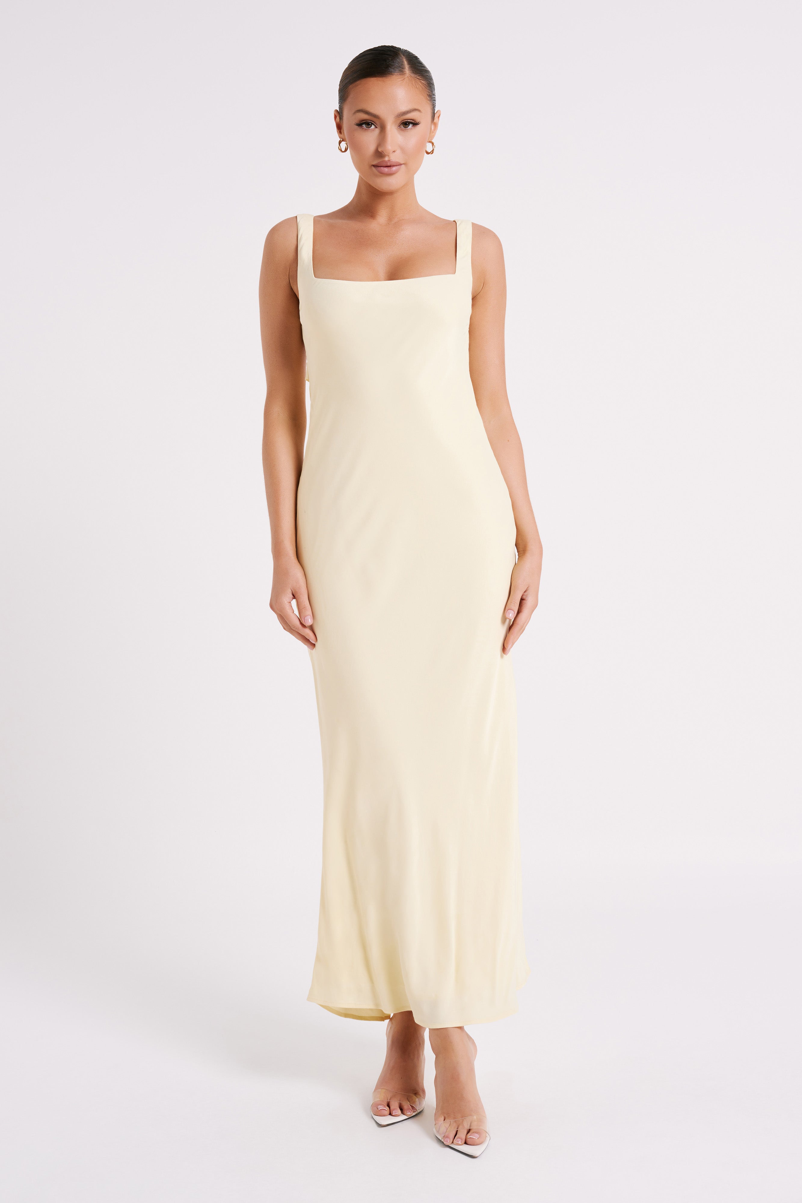Satin Maxi Dress with Scooped Neck & Side Zipper | Ensley Light Yellow