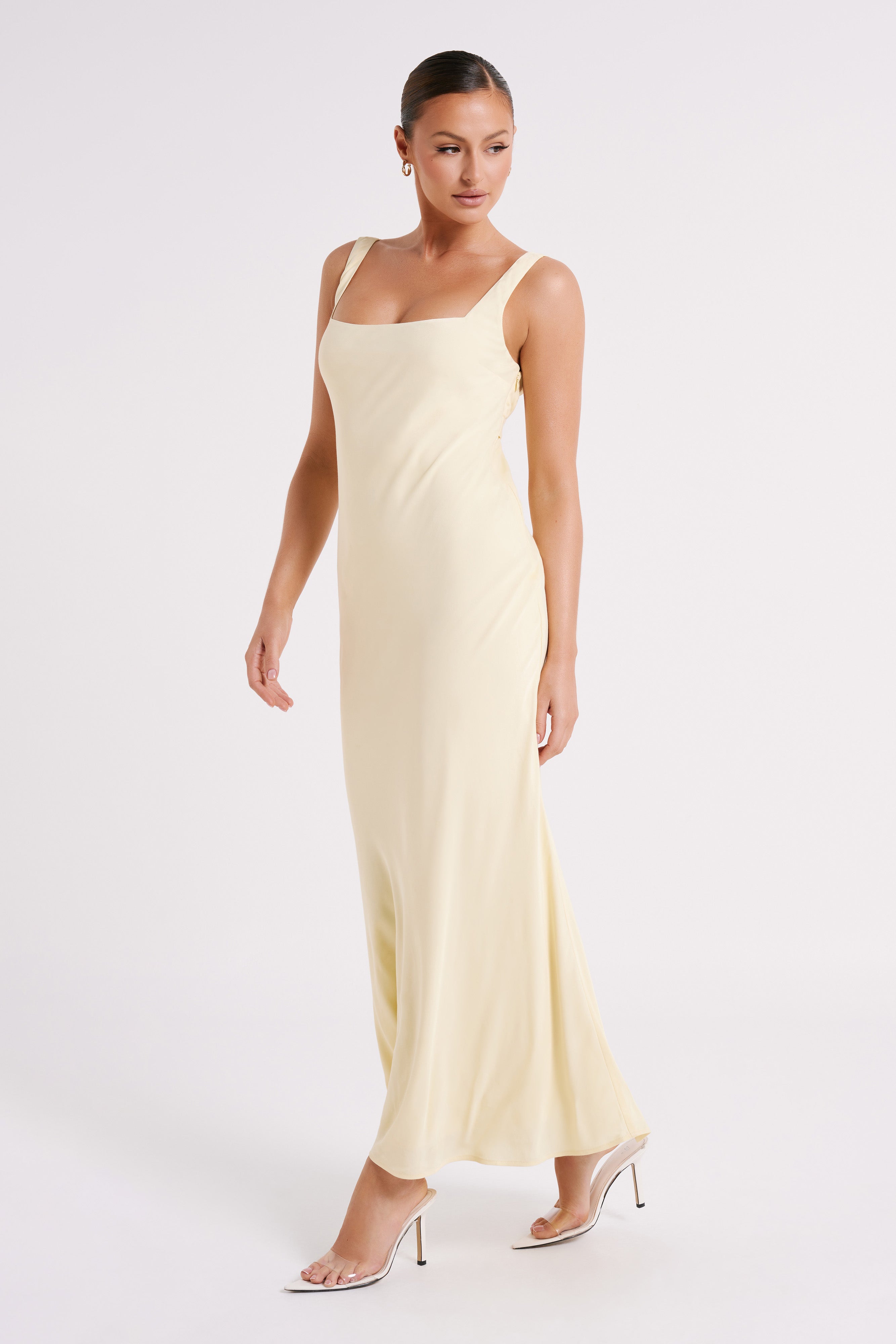 Satin Maxi Dress with Scooped Neck & Side Zipper | Ensley Light Yellow