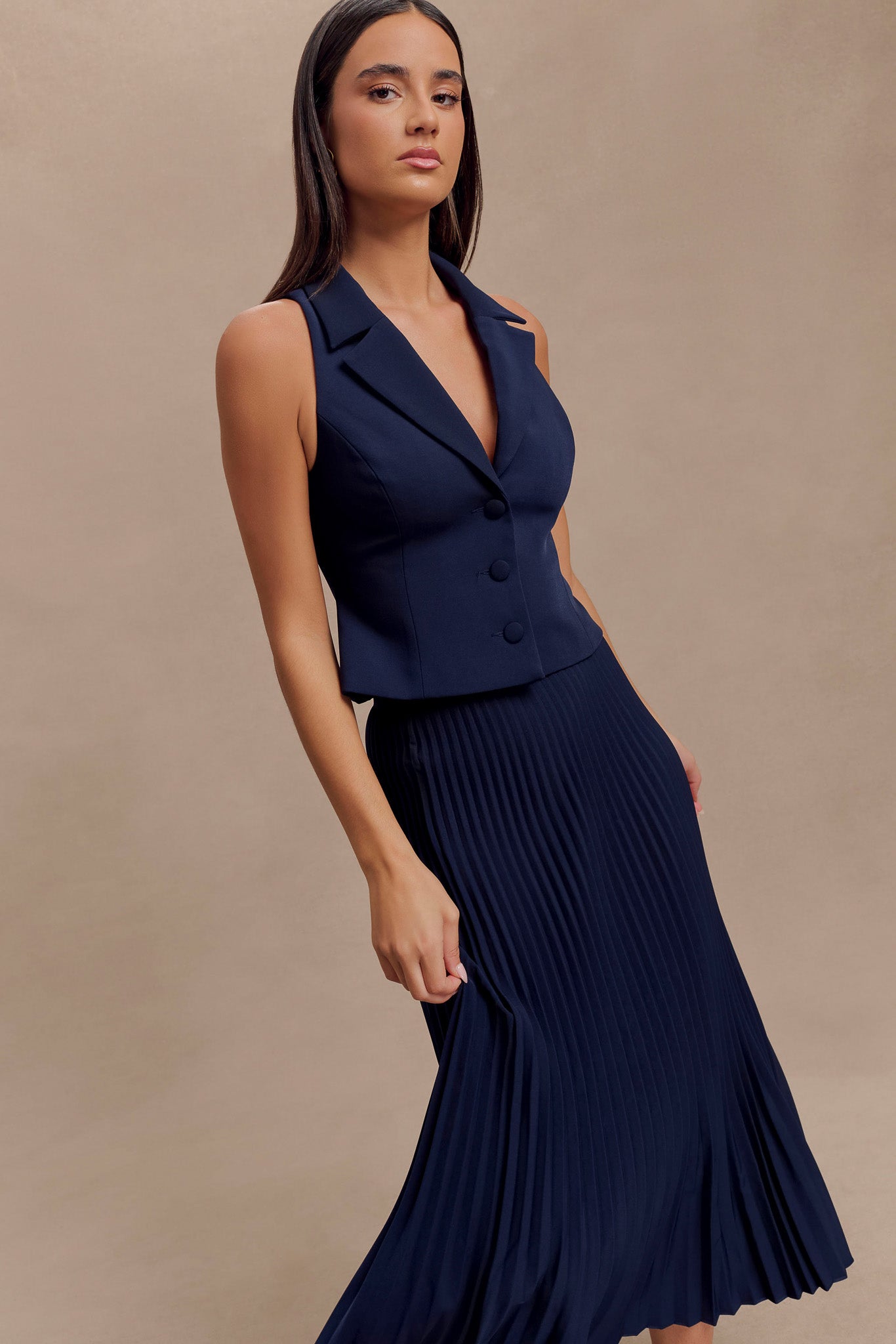 Men's Navy Suiting Vest with Lapel Collar & Deep V-Neck | MURA