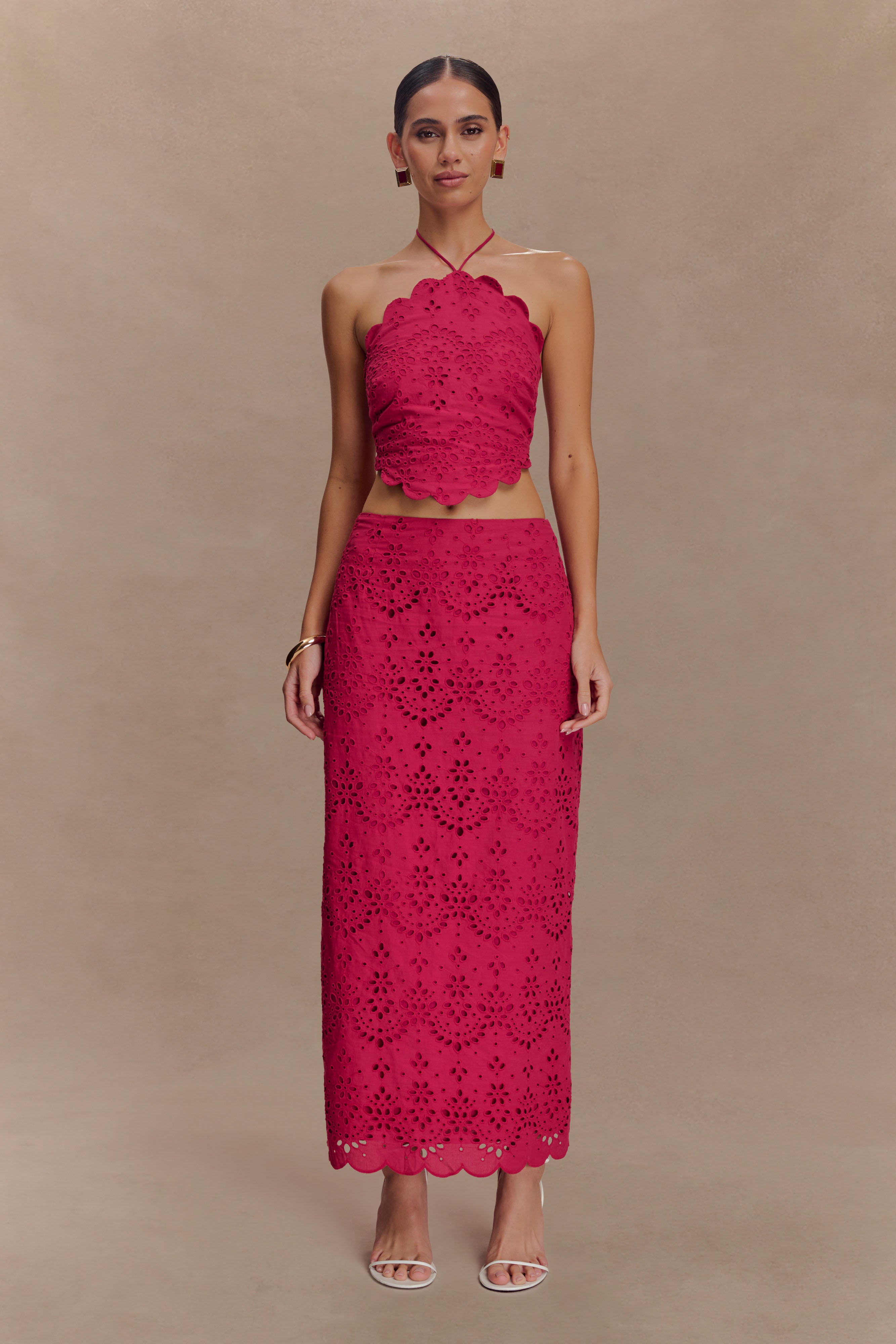 Broderie Midi Skirt with Scalloped Hem & Back Vent | Kensley Dragonfruit