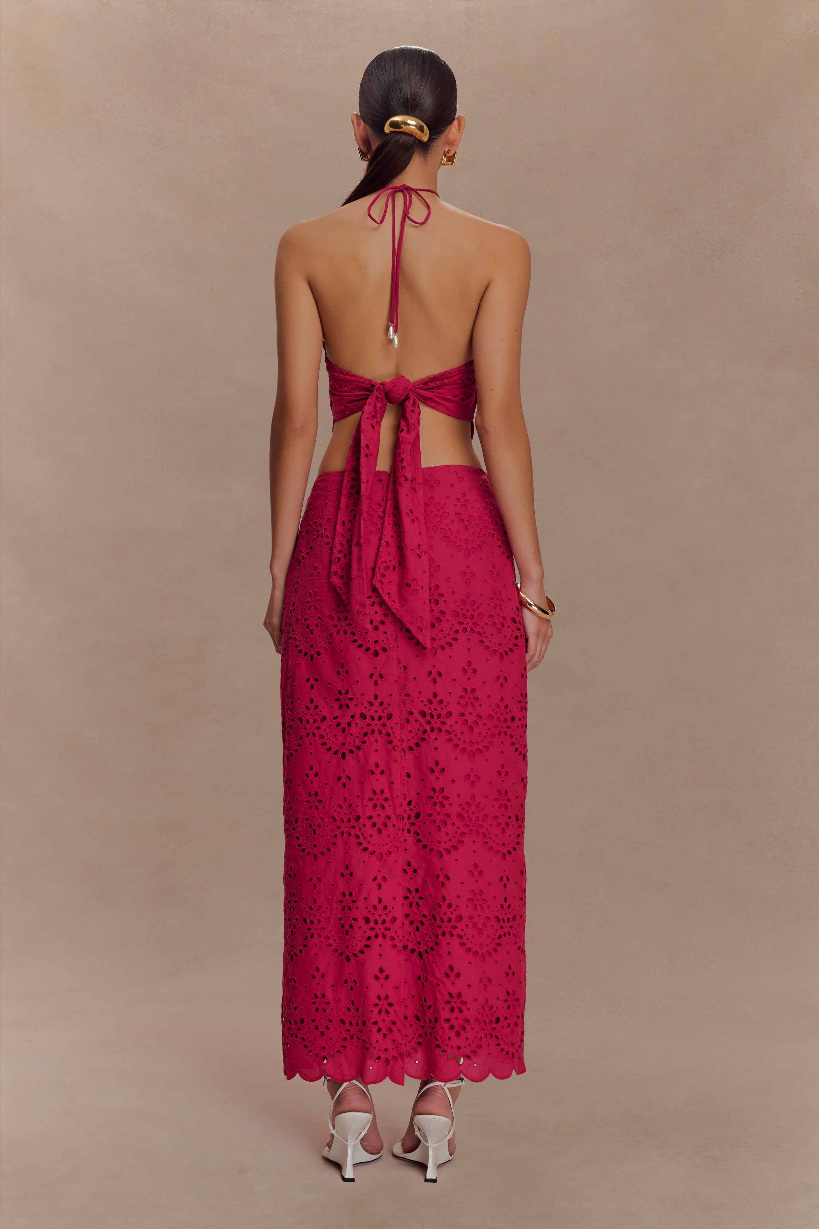 Broderie Midi Skirt with Scalloped Hem & Back Vent | Kensley Dragonfruit