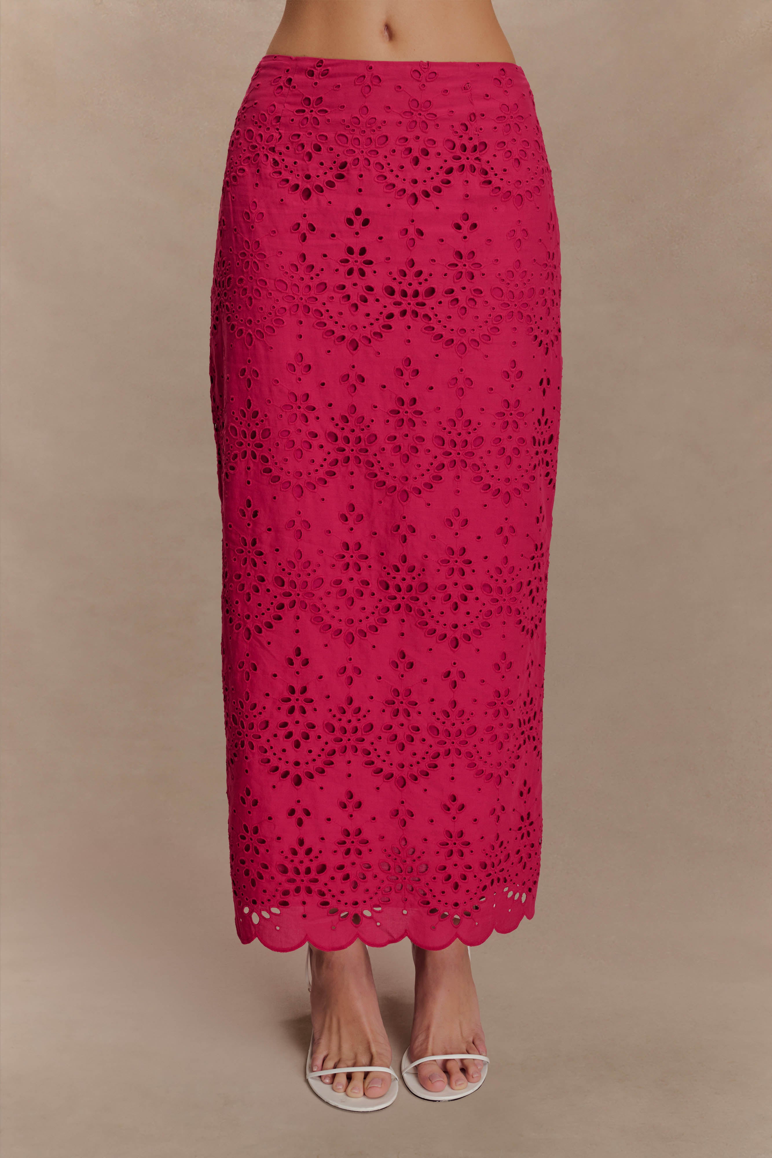 Broderie Midi Skirt with Scalloped Hem & Back Vent | Kensley Dragonfruit