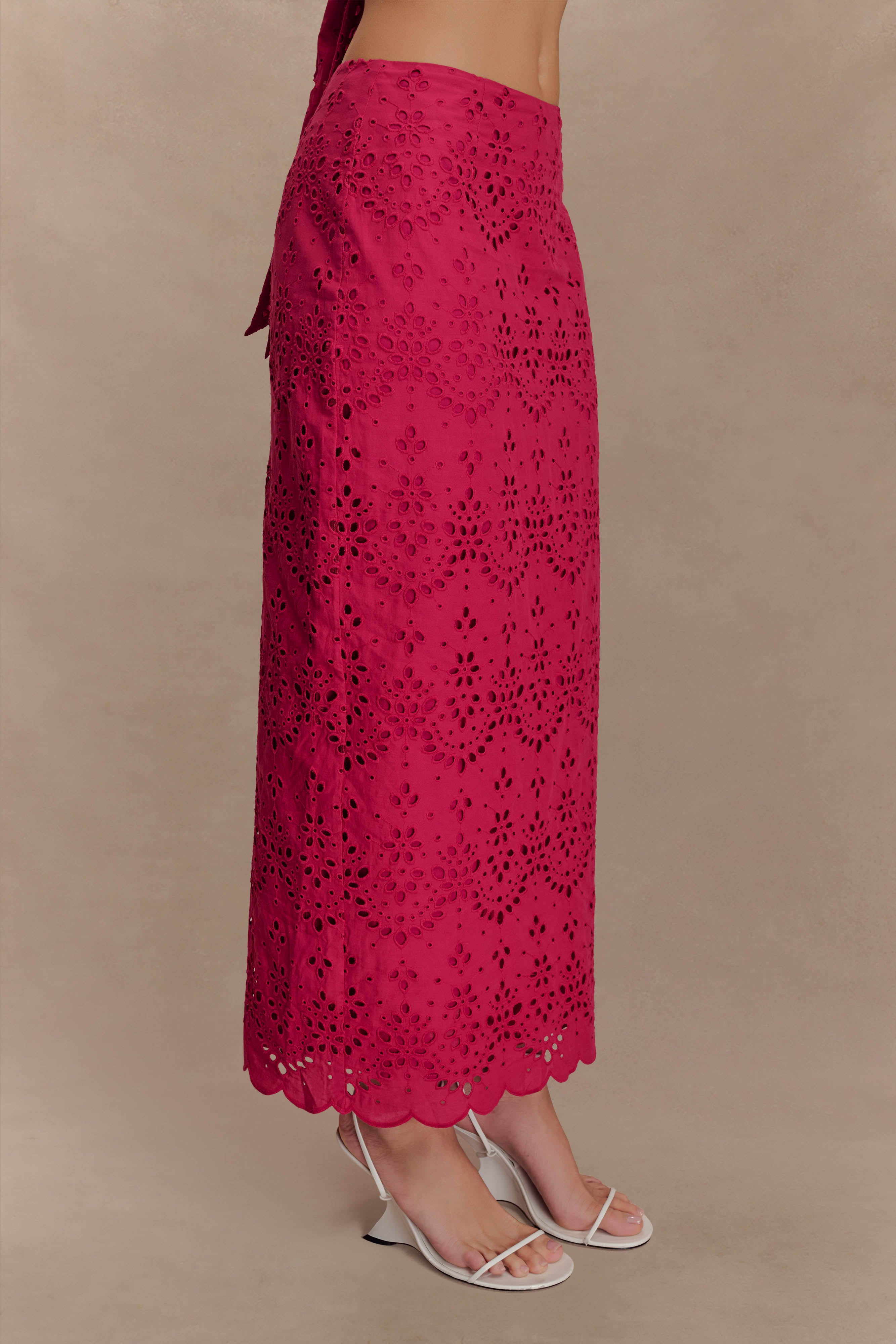 Broderie Midi Skirt with Scalloped Hem & Back Vent | Kensley Dragonfruit