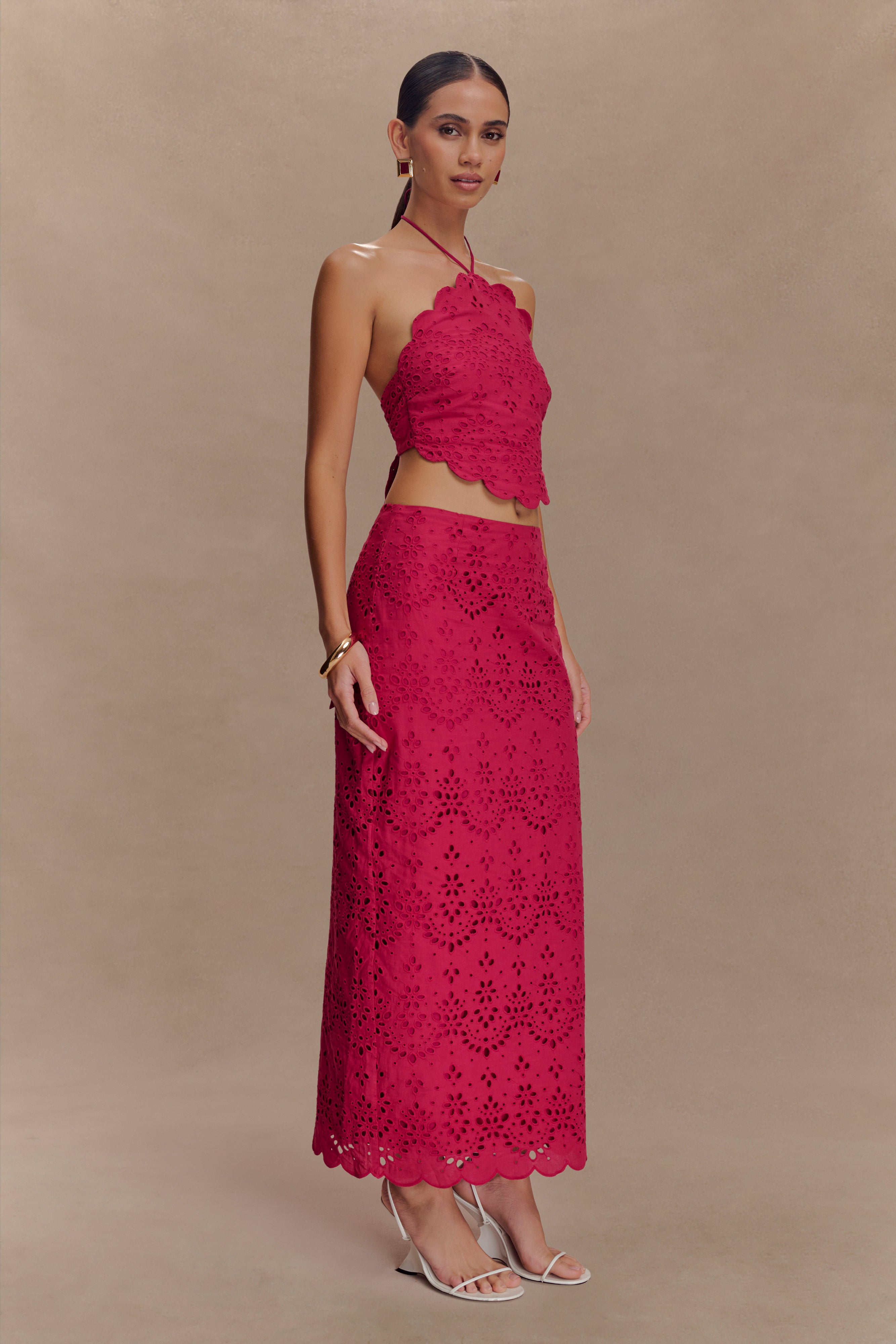 Broderie Midi Skirt with Scalloped Hem & Back Vent | Kensley Dragonfruit