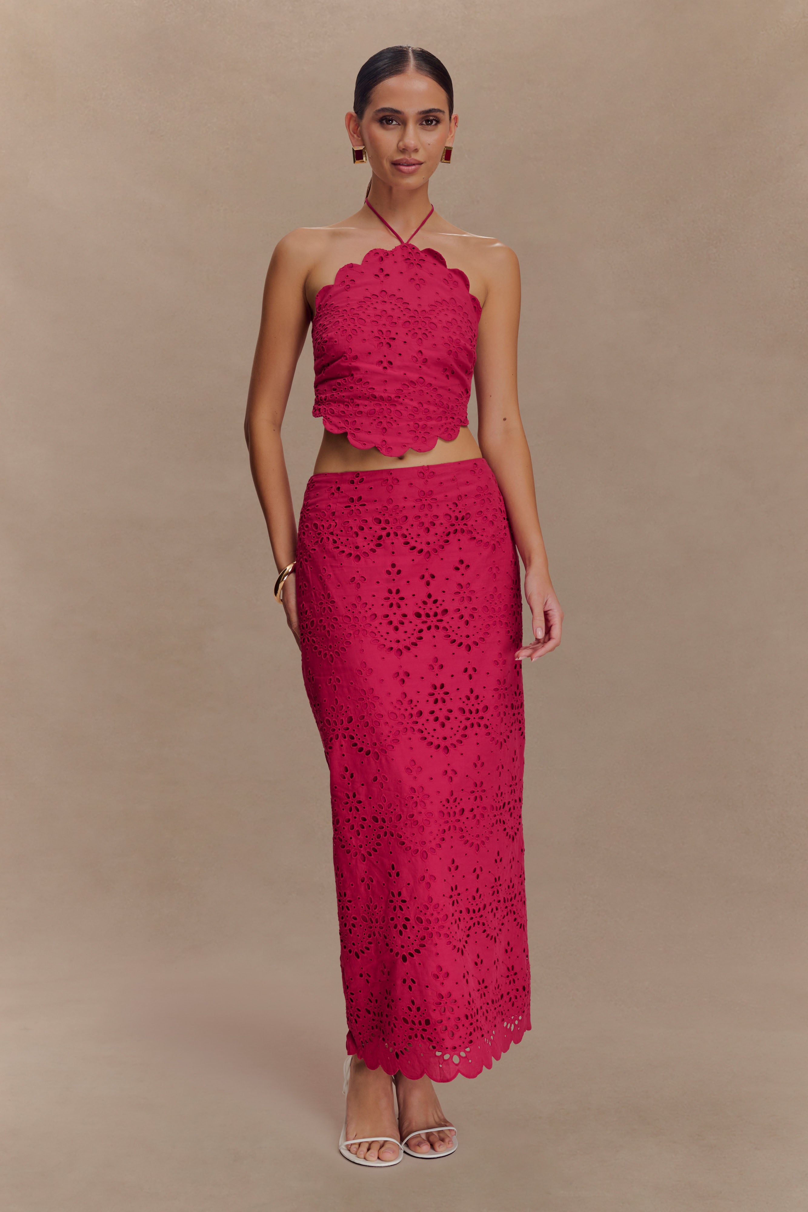 Broderie Midi Skirt with Scalloped Hem & Back Vent | Kensley Dragonfruit