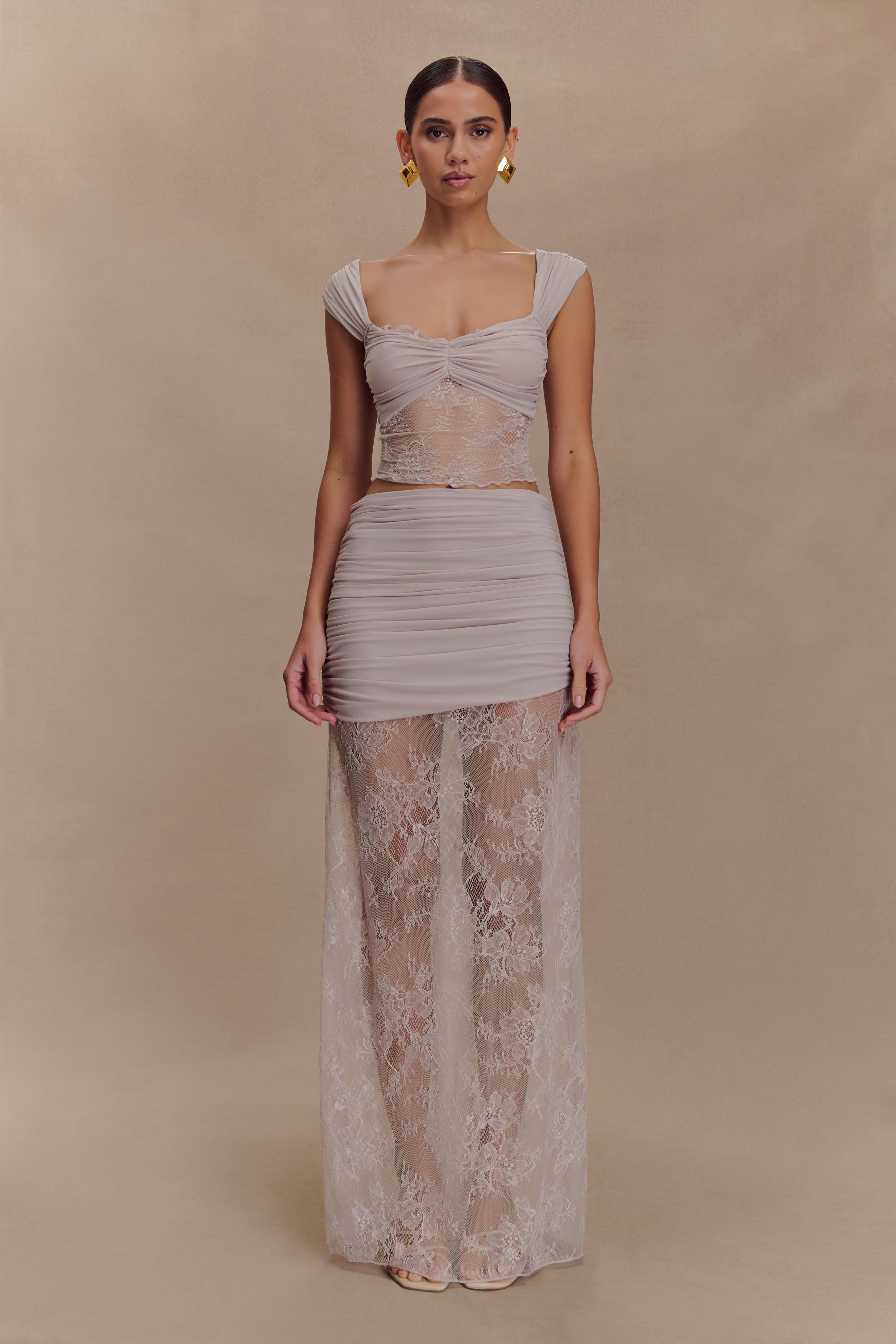 Lilac Lace and Mesh Cropped Top with Sweetheart Neckline | Alexandra Saint Mleux