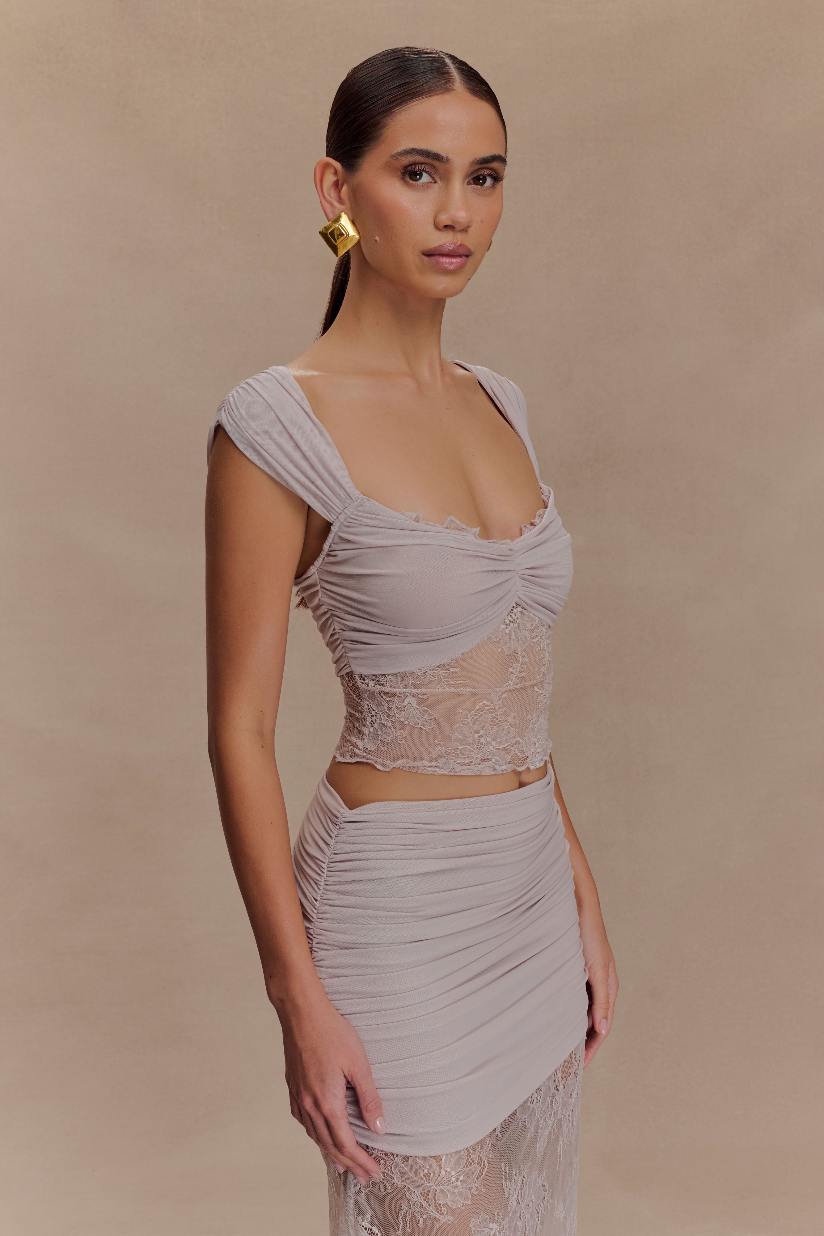Lilac Lace and Mesh Cropped Top with Sweetheart Neckline | Alexandra Saint Mleux