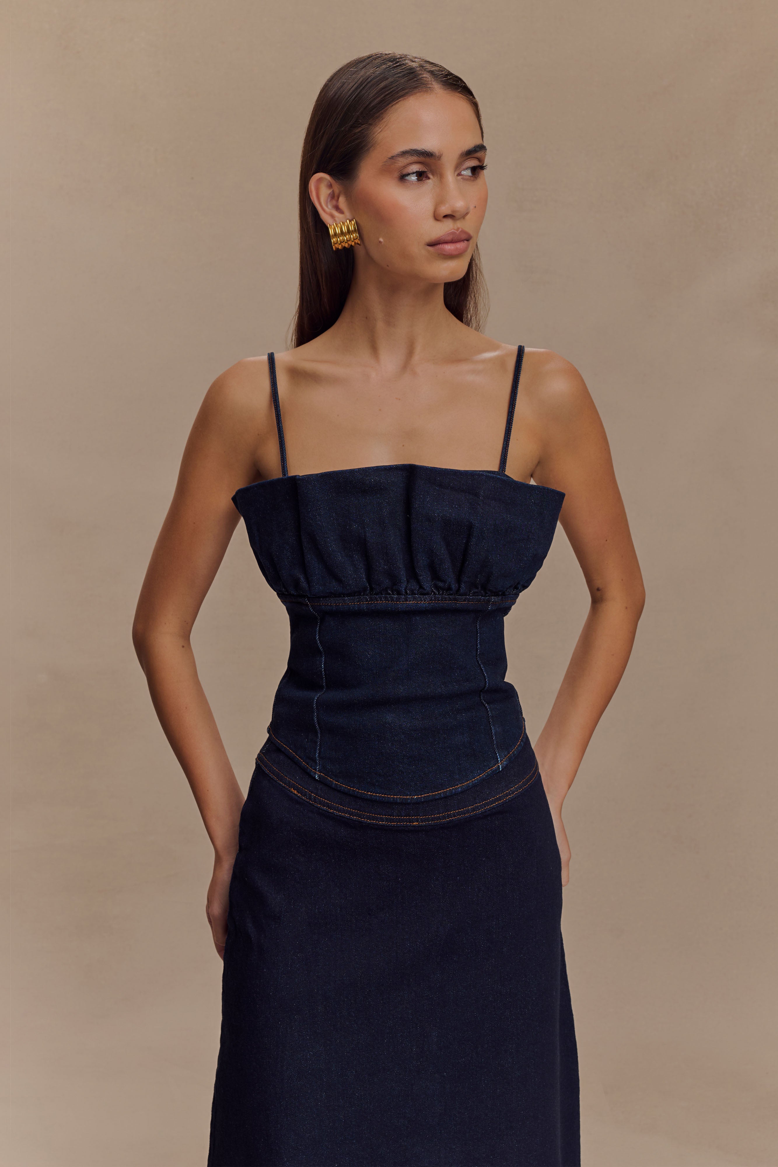 Denim Frill Corset with Adjustable Straps | Cecilia Indigo Blue