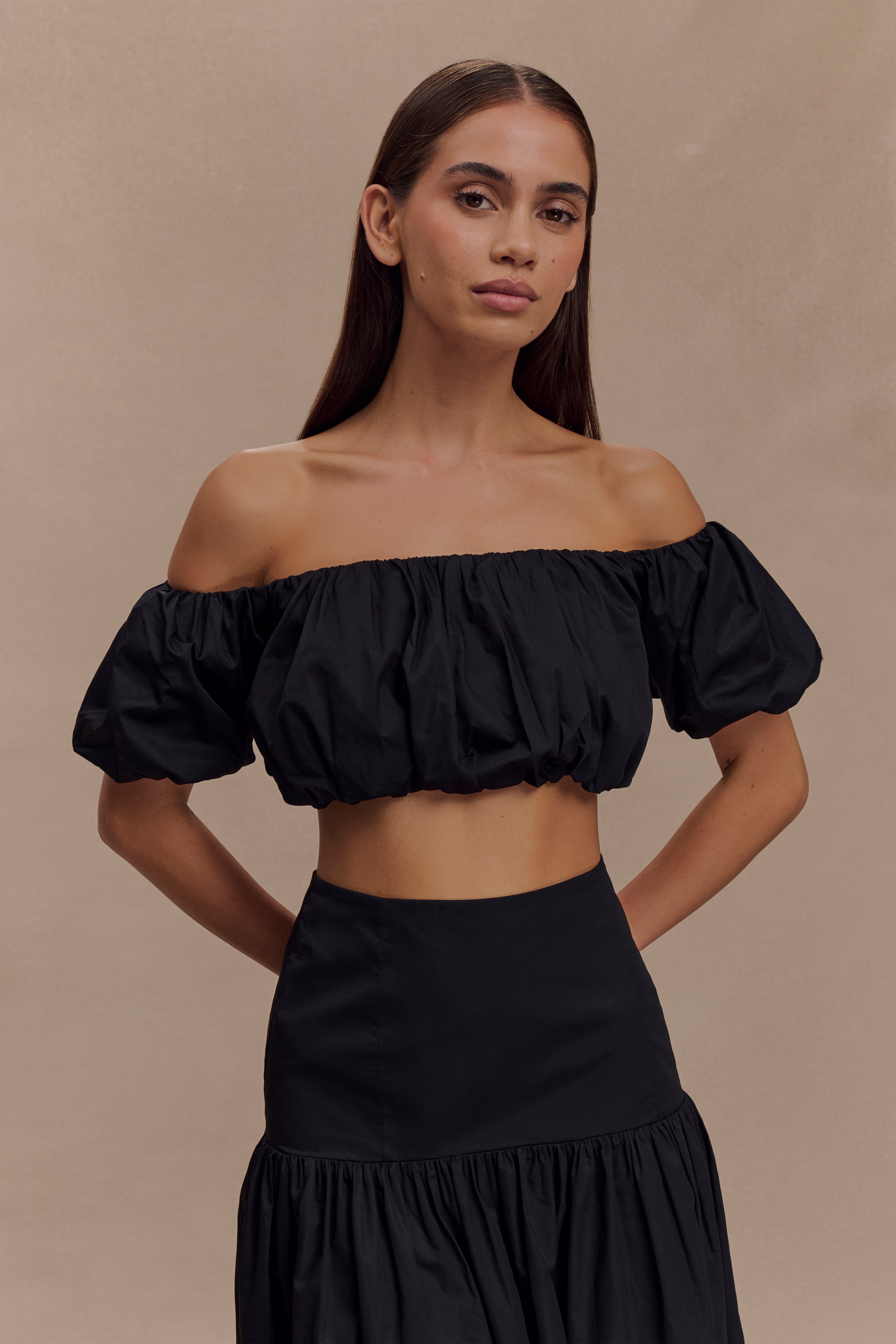 Off-Shoulder Bubble Top with Puff Sleeves - Autumn Black