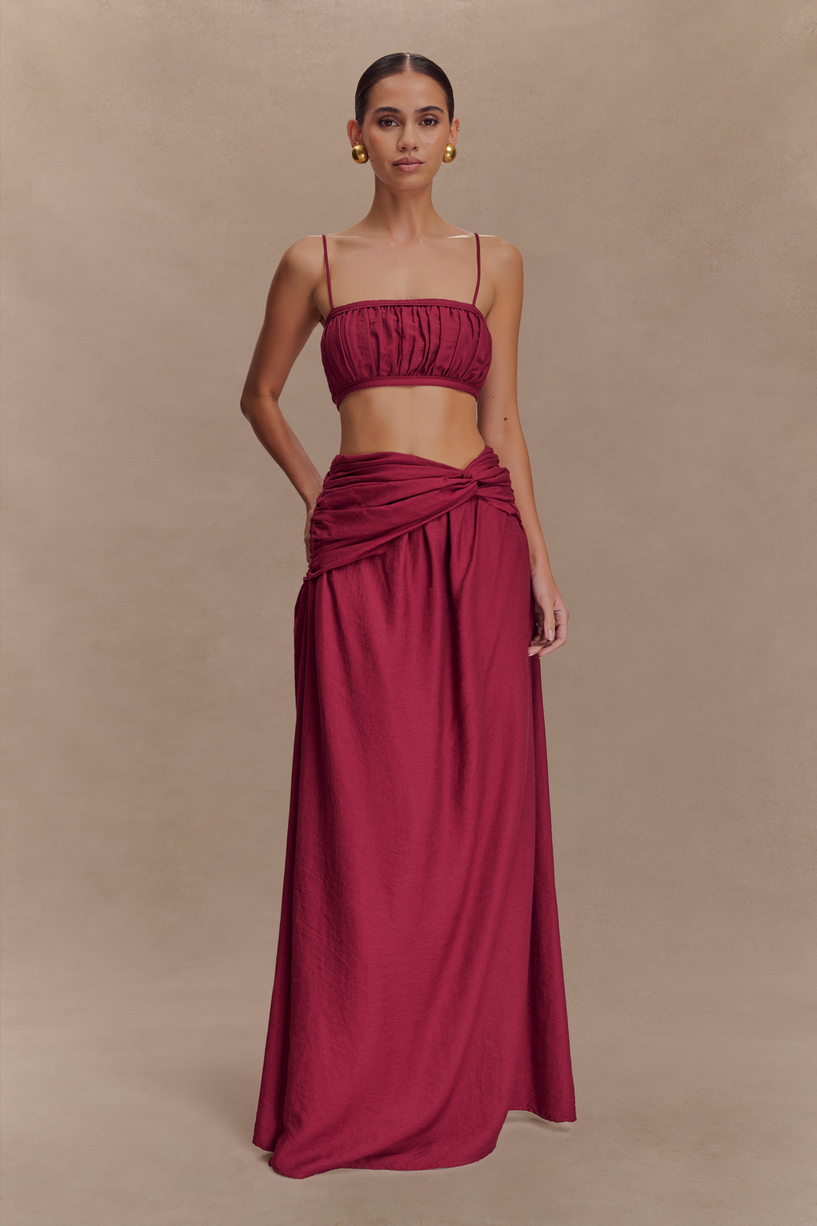 Gathered Linen Maxi Skirt with Front Knot | Scottie - Wine