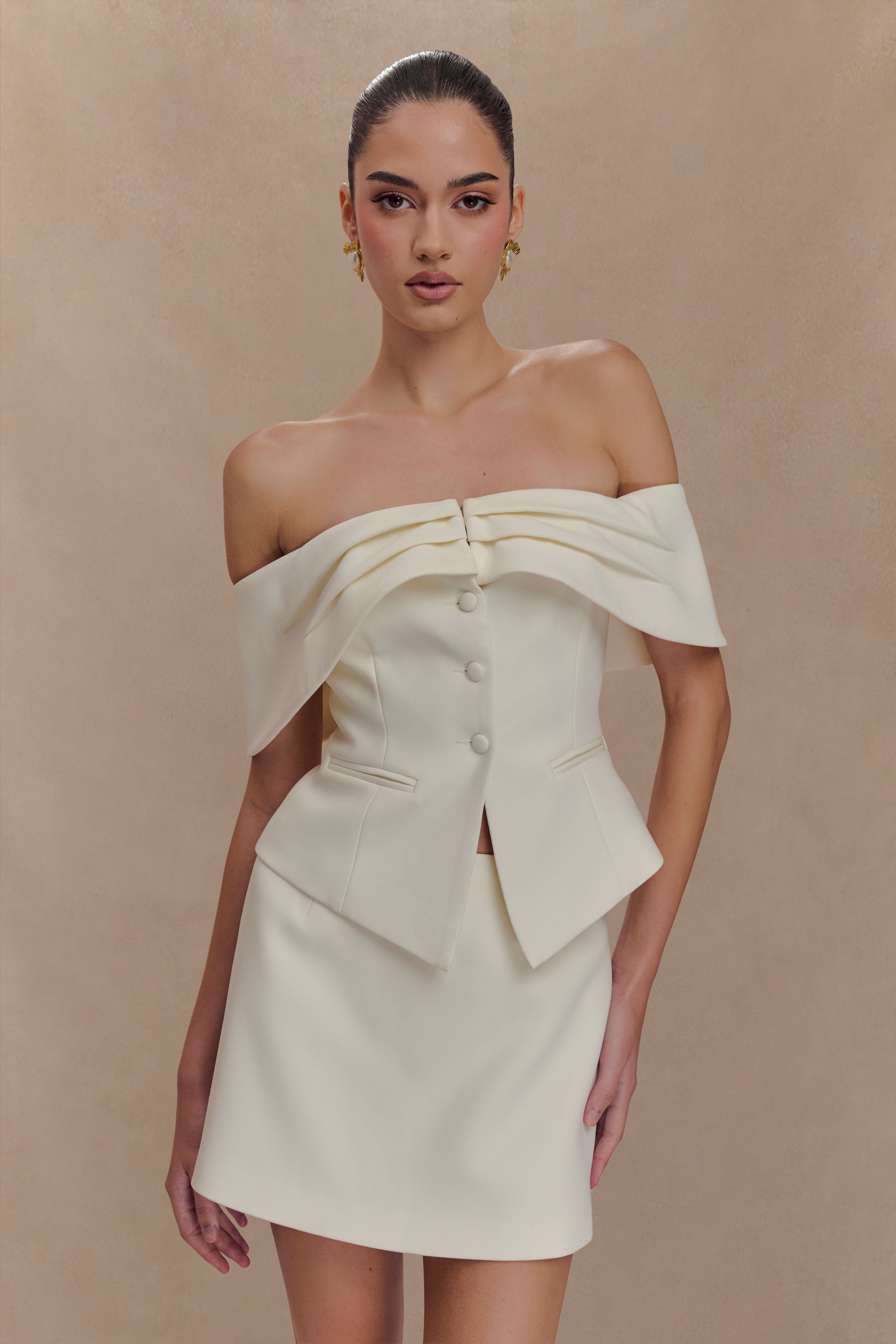 Women's Ivory Suiting Vest with Bardot Neckline | Maxime