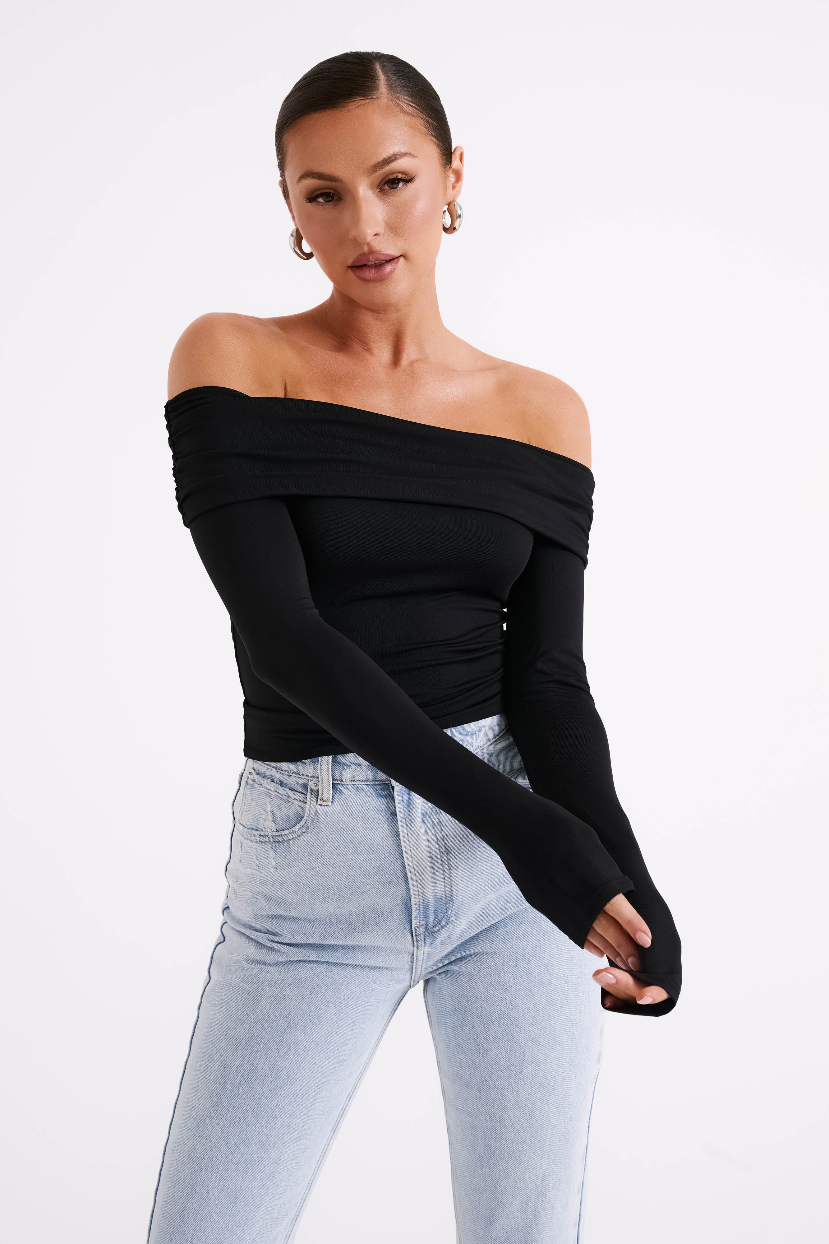 Recycled Nylon Off Shoulder Top with Ruched Neckline | Lucinda Black