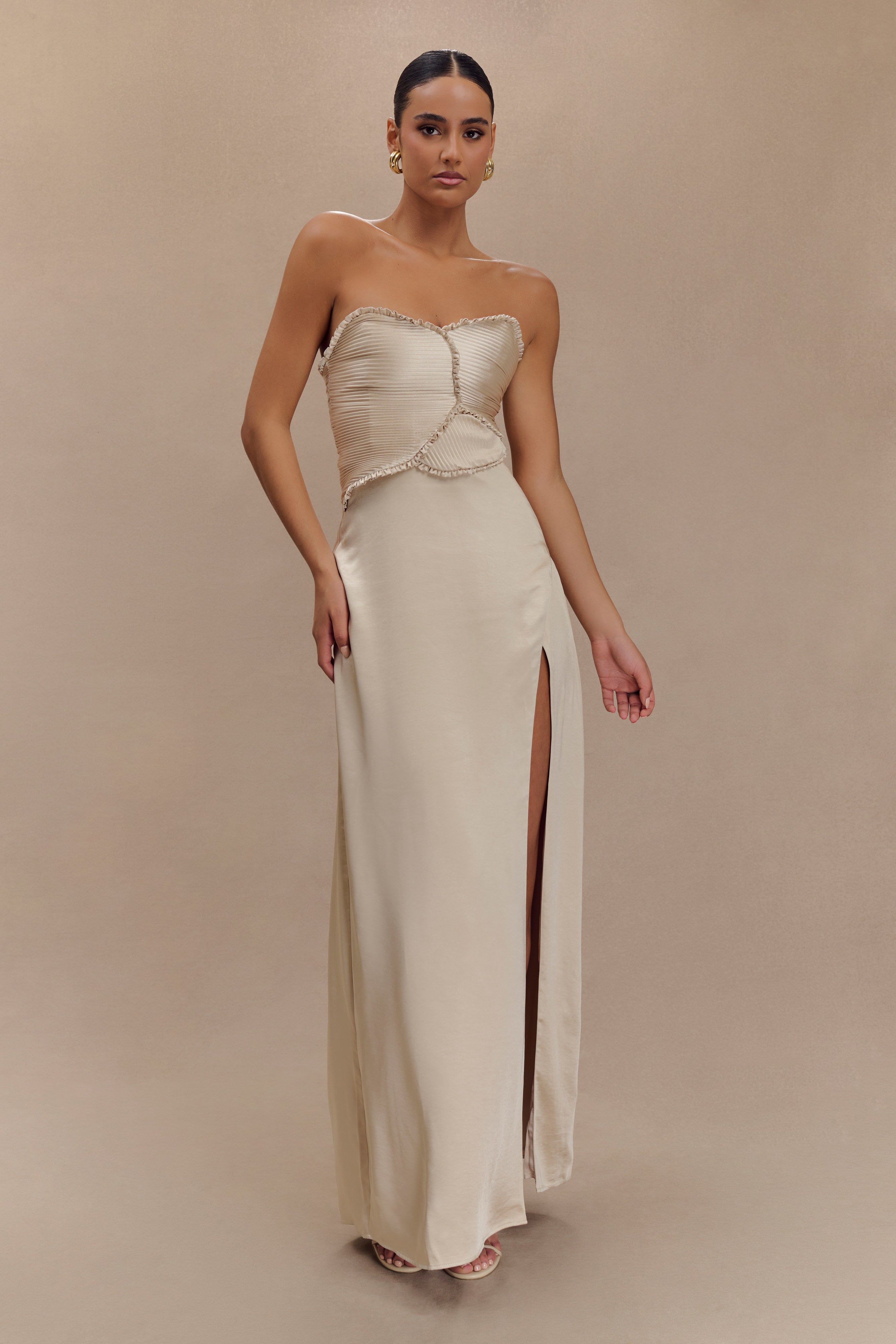 Strapless Satin Maxi Dress with Ruched Petals & Leg Split | Larissa
