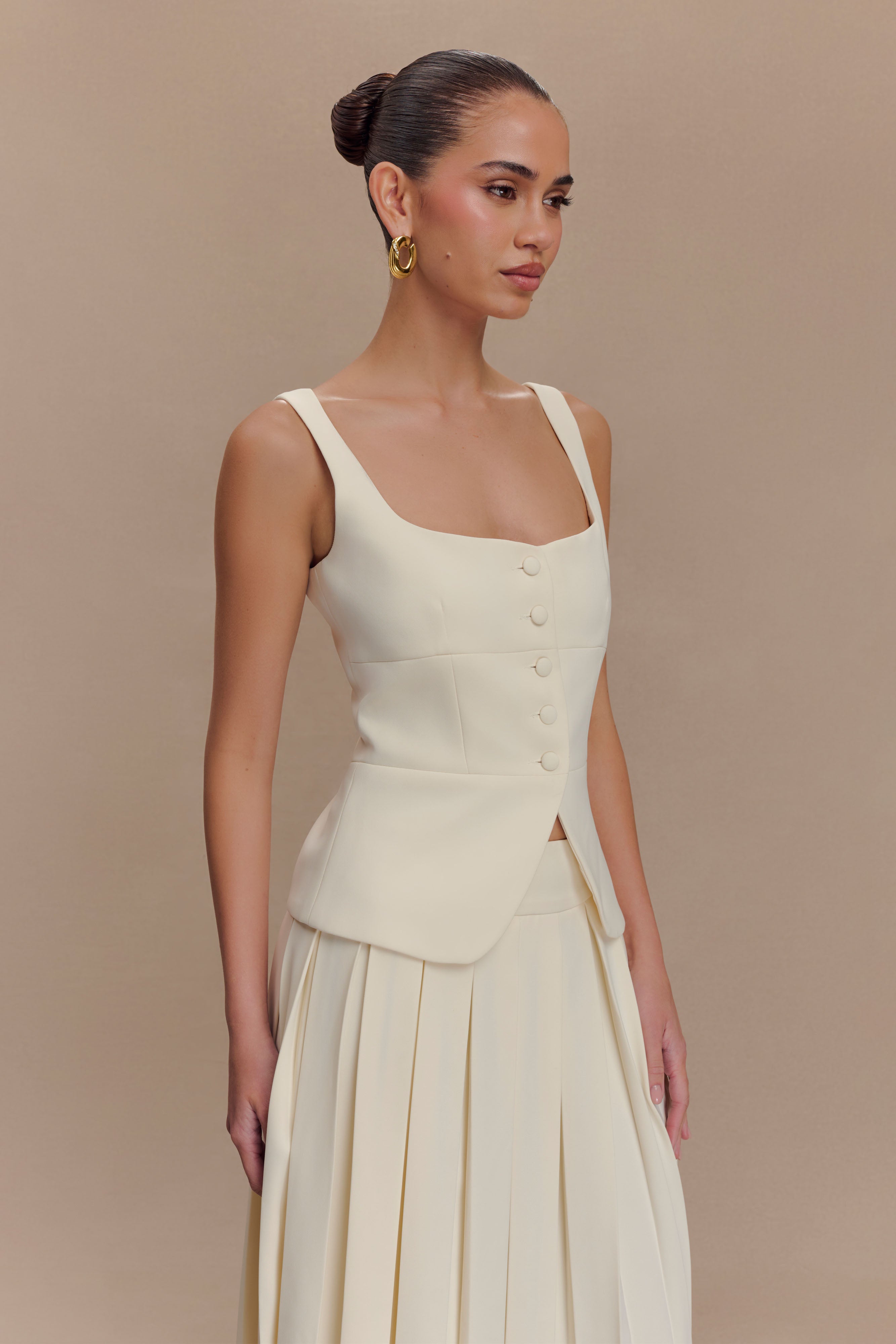 Ivory Peplum Top with Square Neckline & Button Front | Sunny Suiting