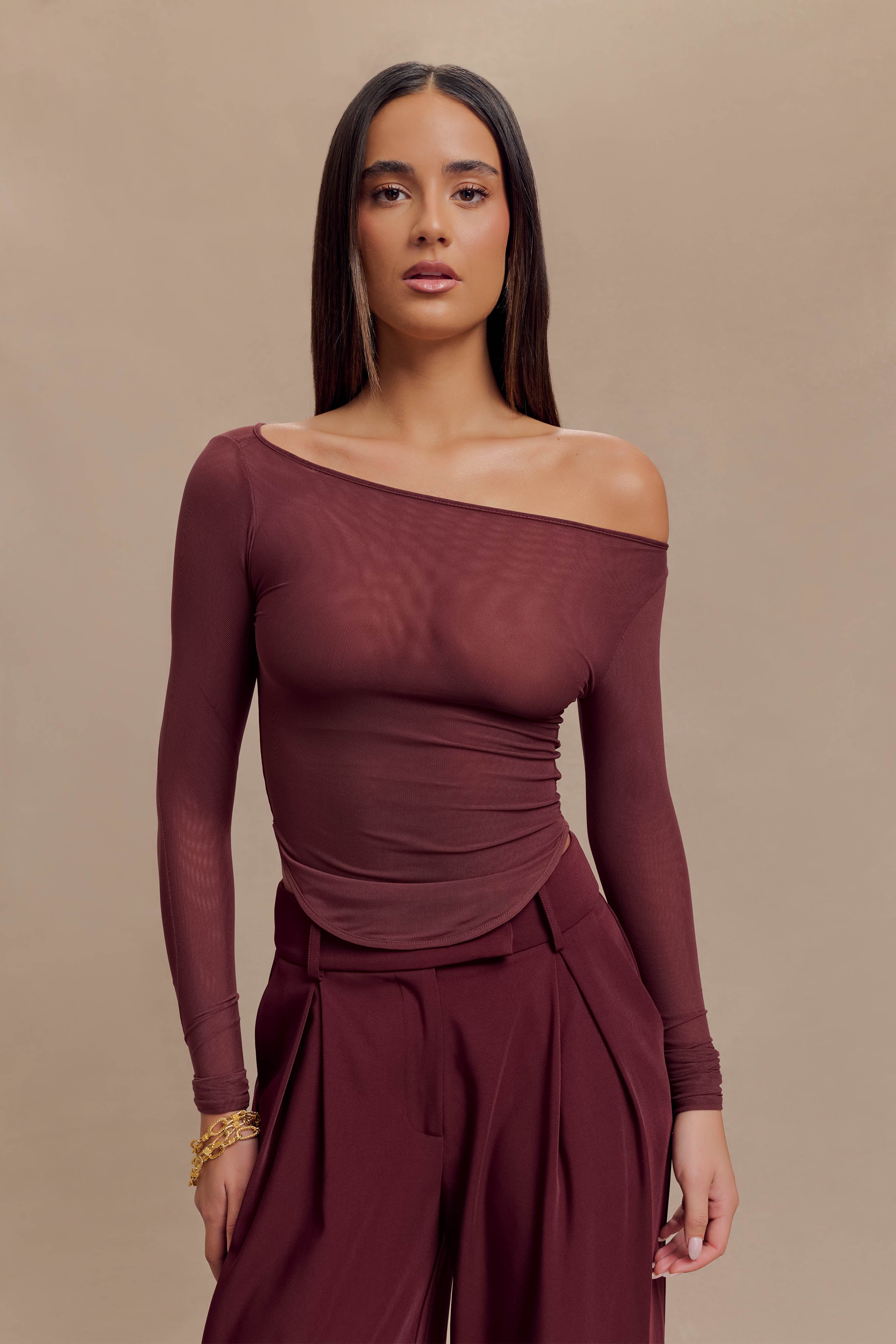 Boat Neck Mesh Top with Long Sleeves & Dolphin Hem | Colette